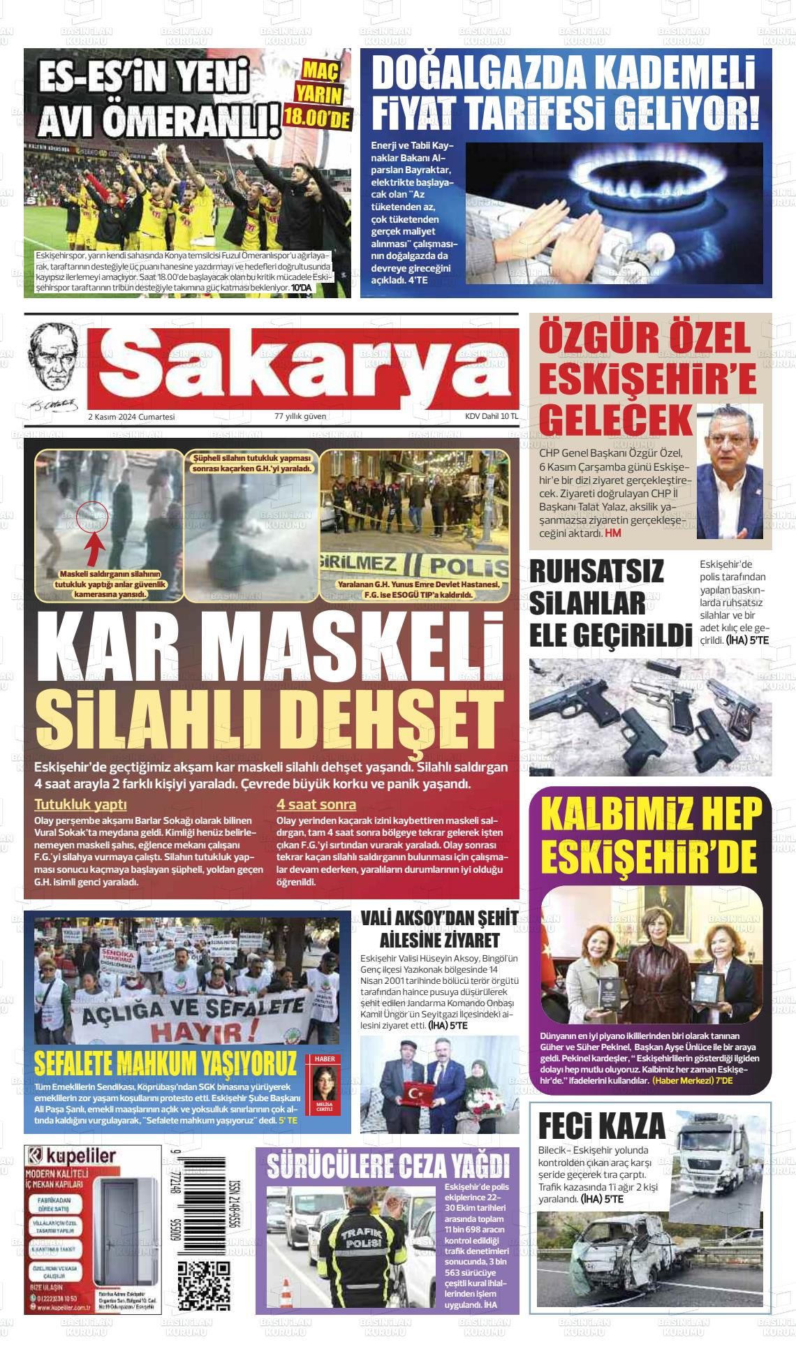 02 Kasım 2024 Sakarya Gazete Manşeti