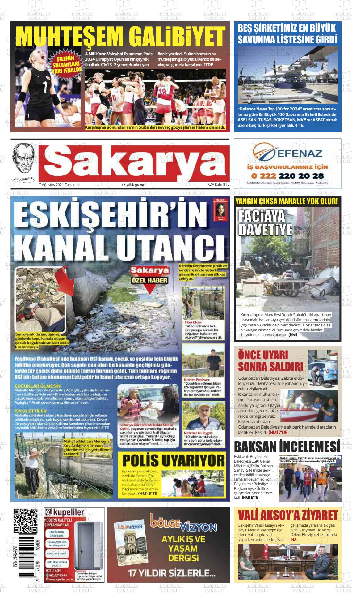 07 Ağustos 2024 Sakarya Gazete Manşeti