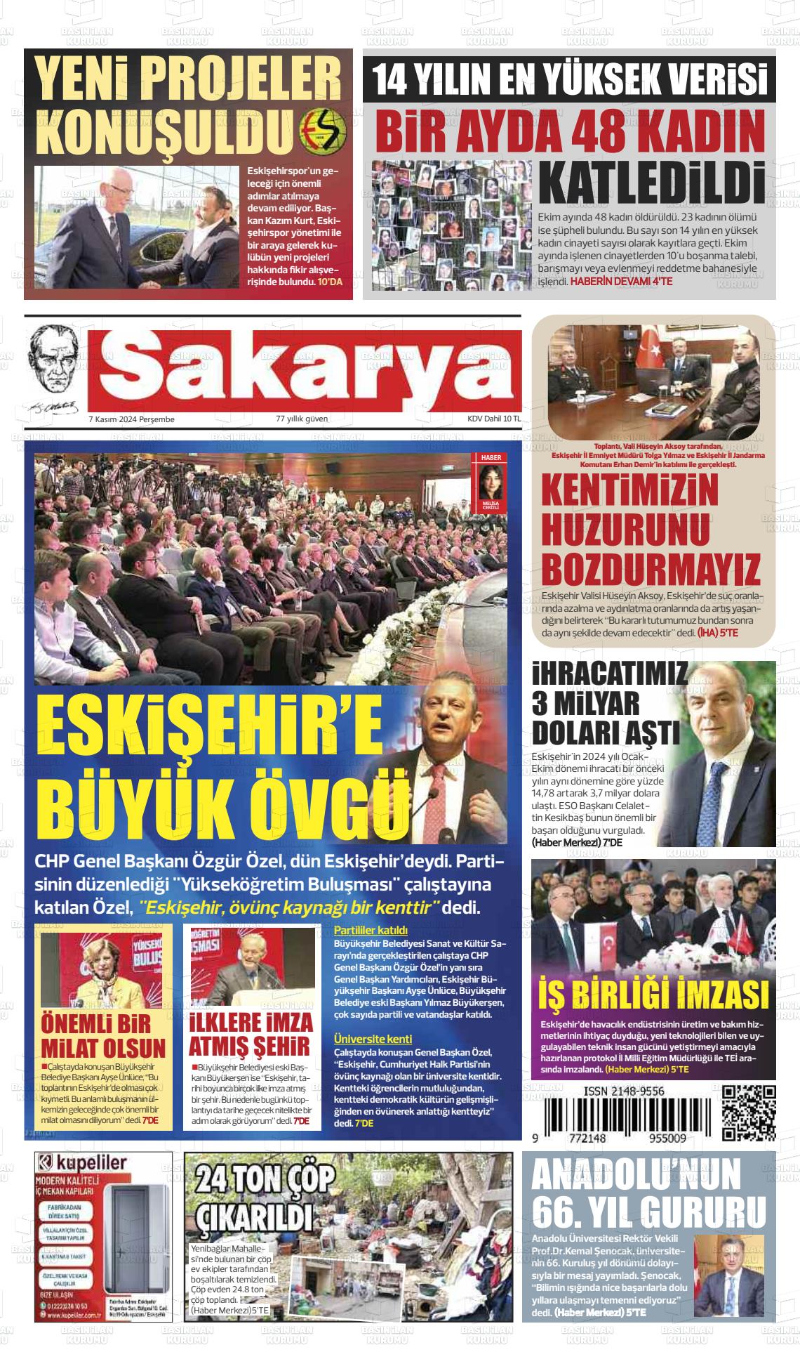 07 Kasım 2024 Sakarya Gazete Manşeti