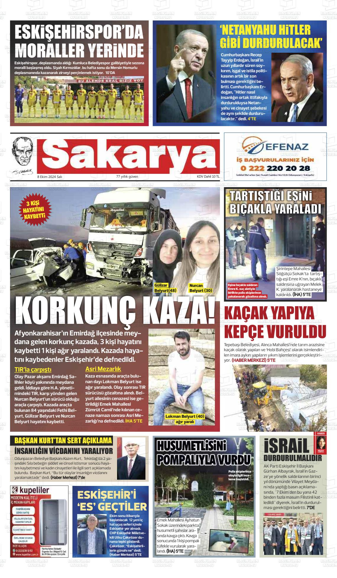 08 Ekim 2024 Sakarya Gazete Manşeti