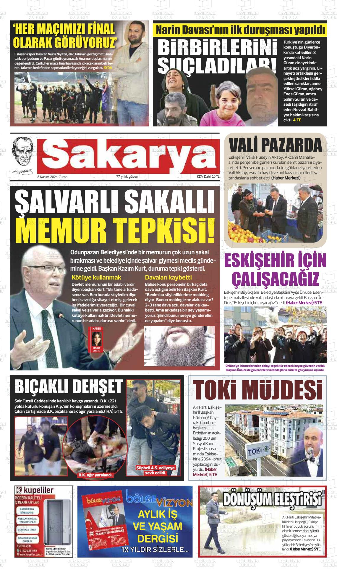 08 Kasım 2024 Sakarya Gazete Manşeti