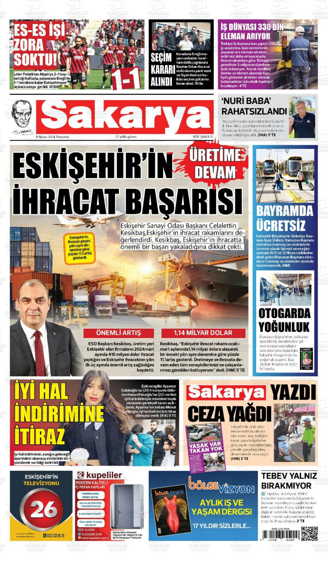 08 Nisan 2024 Sakarya Gazete Manşeti