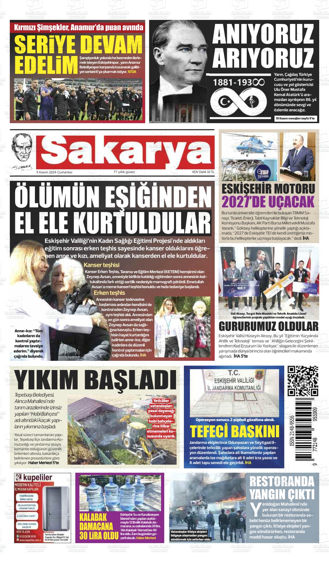 09 Kasım 2024 Sakarya Gazete Manşeti