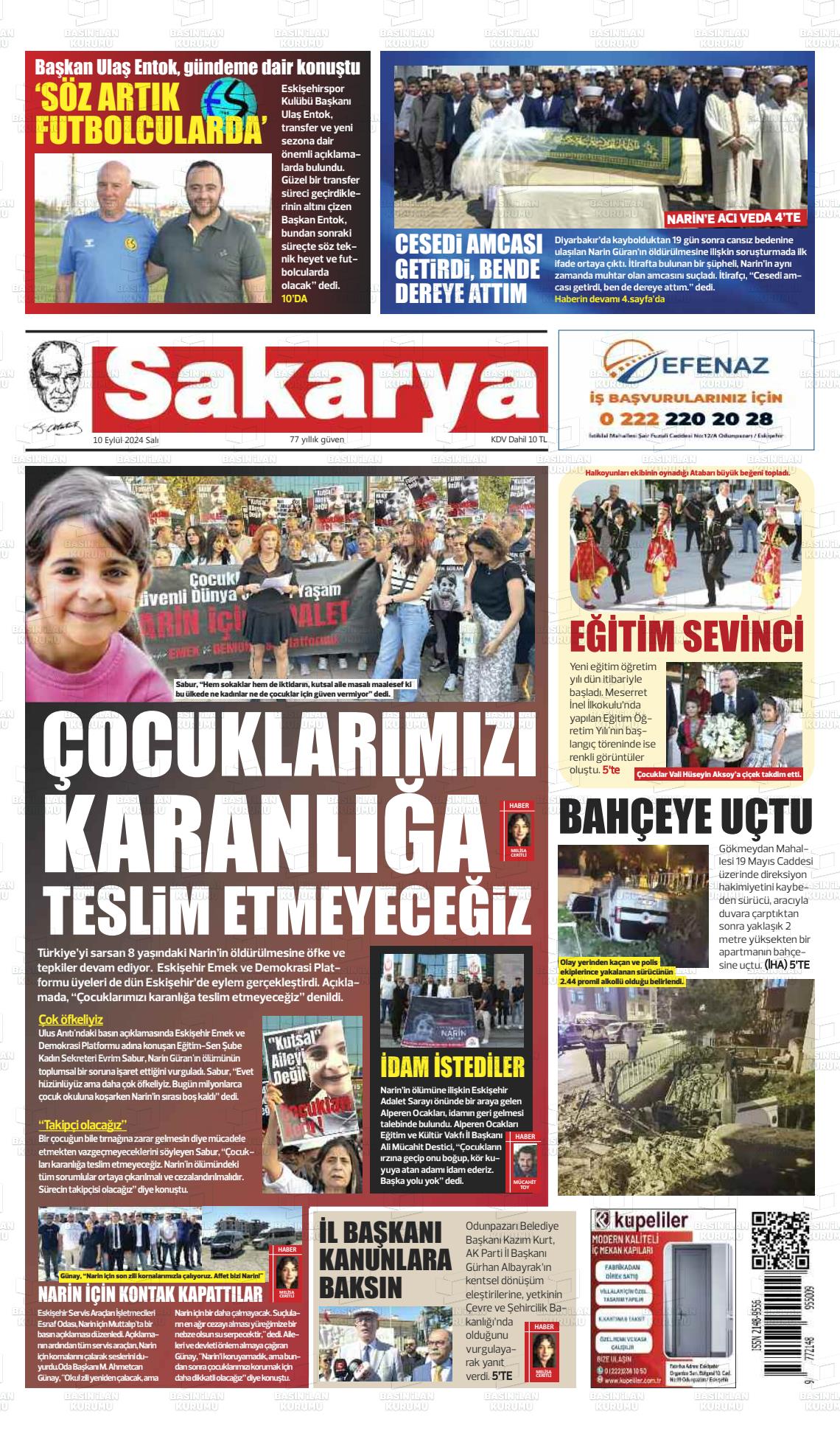 10 Eylül 2024 Sakarya Gazete Manşeti