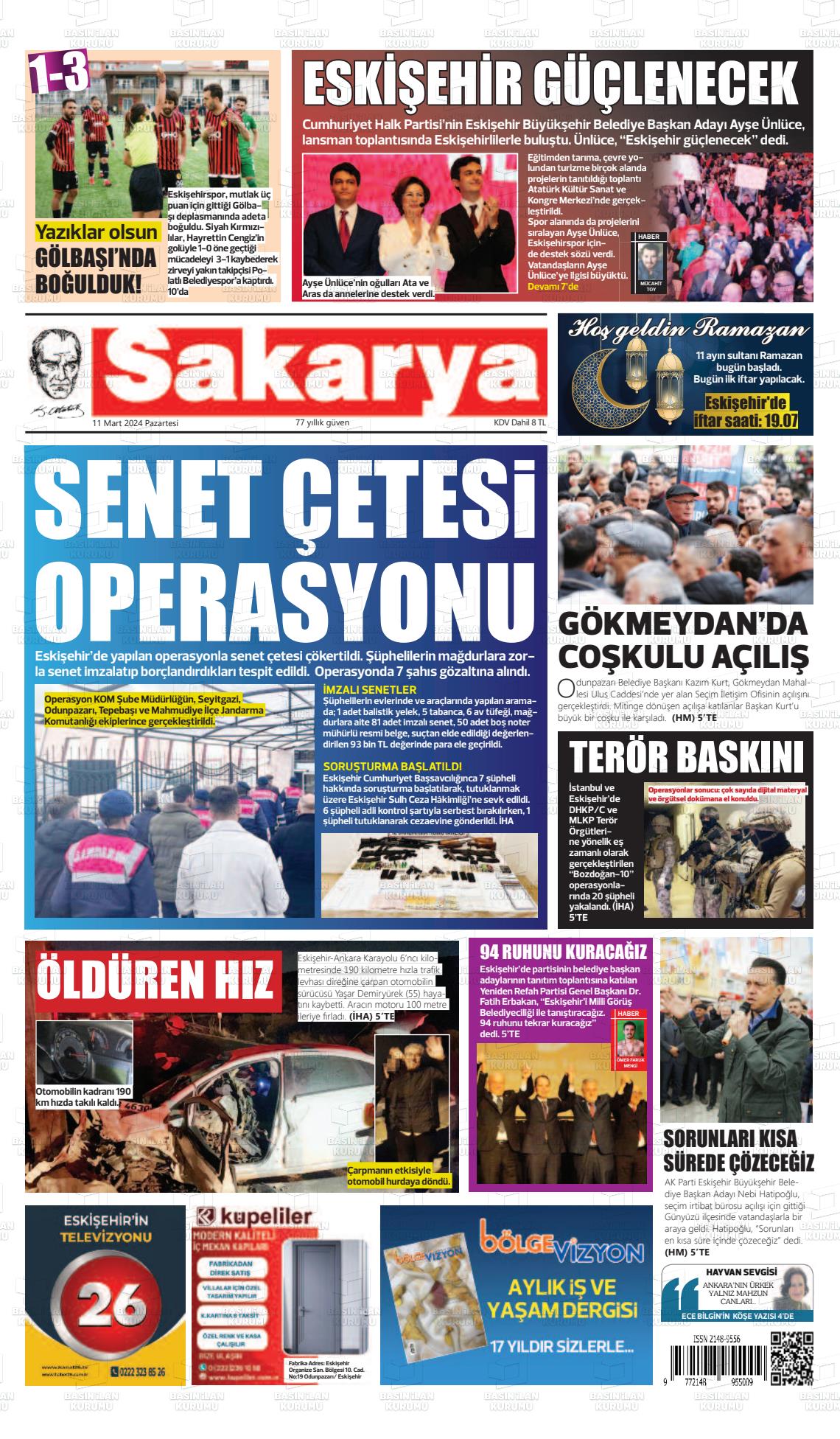 11 Mart 2024 Sakarya Gazete Manşeti