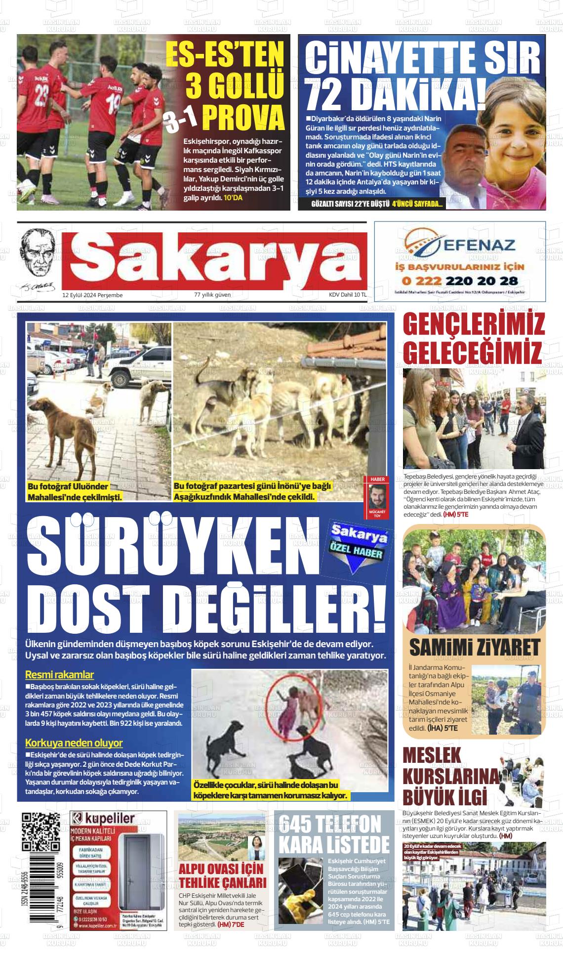 12 Eylül 2024 Sakarya Gazete Manşeti