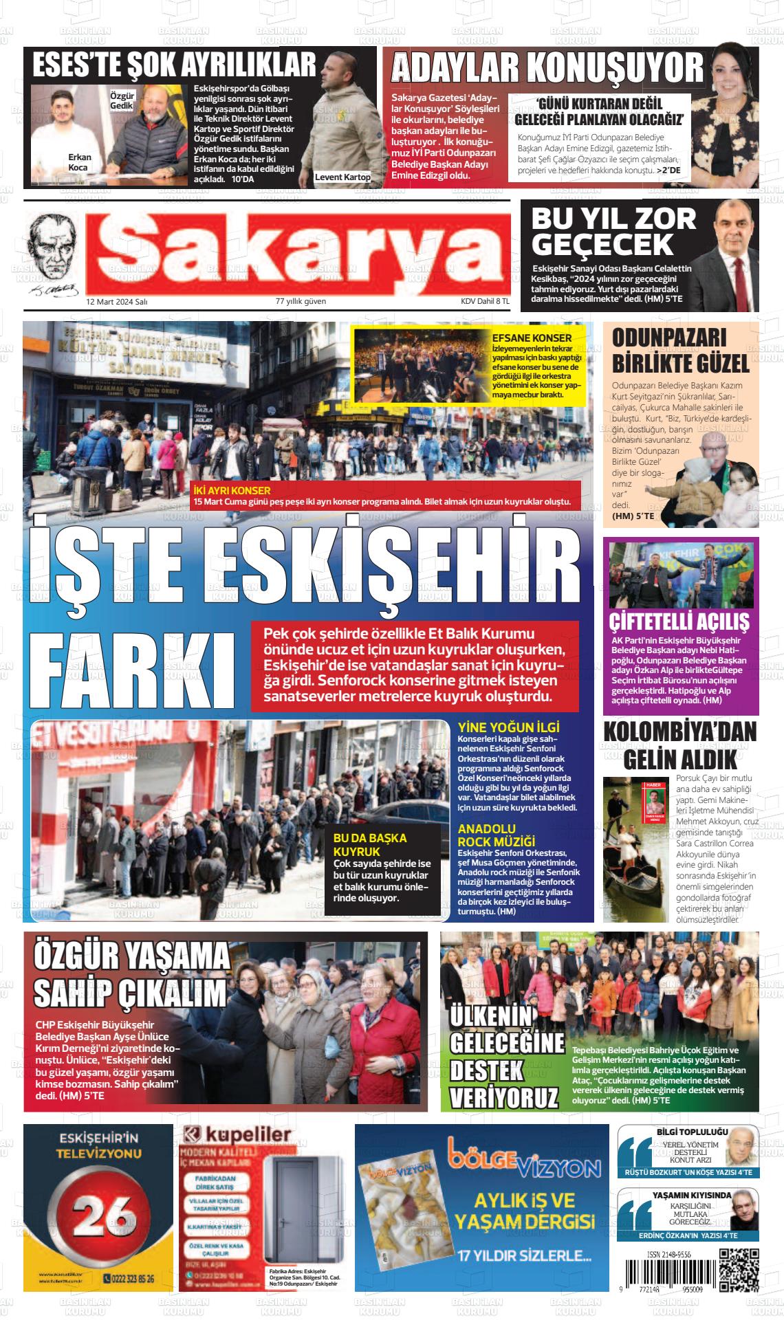 12 Mart 2024 Sakarya Gazete Manşeti