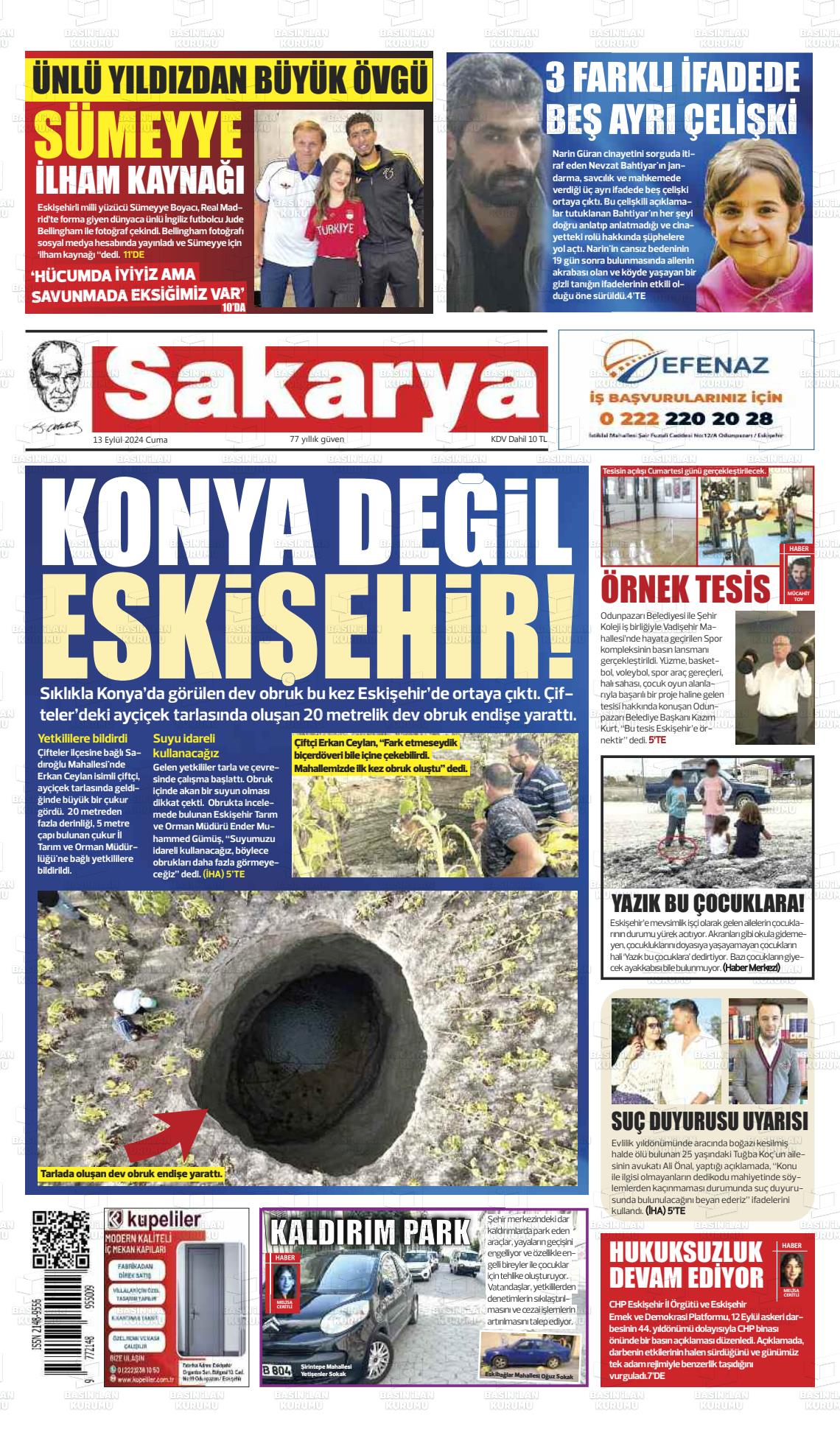 13 Eylül 2024 Sakarya Gazete Manşeti