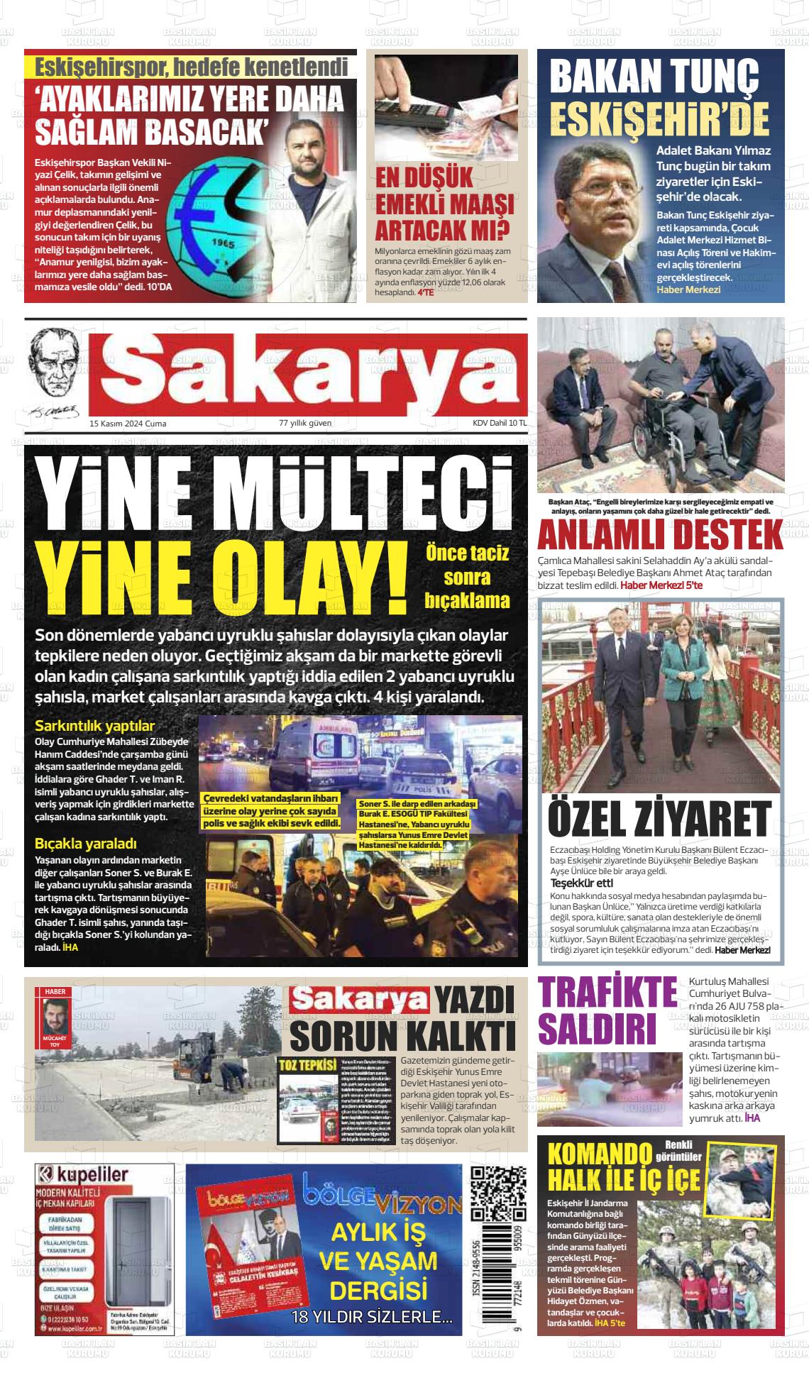 15 Kasım 2024 Sakarya Gazete Manşeti