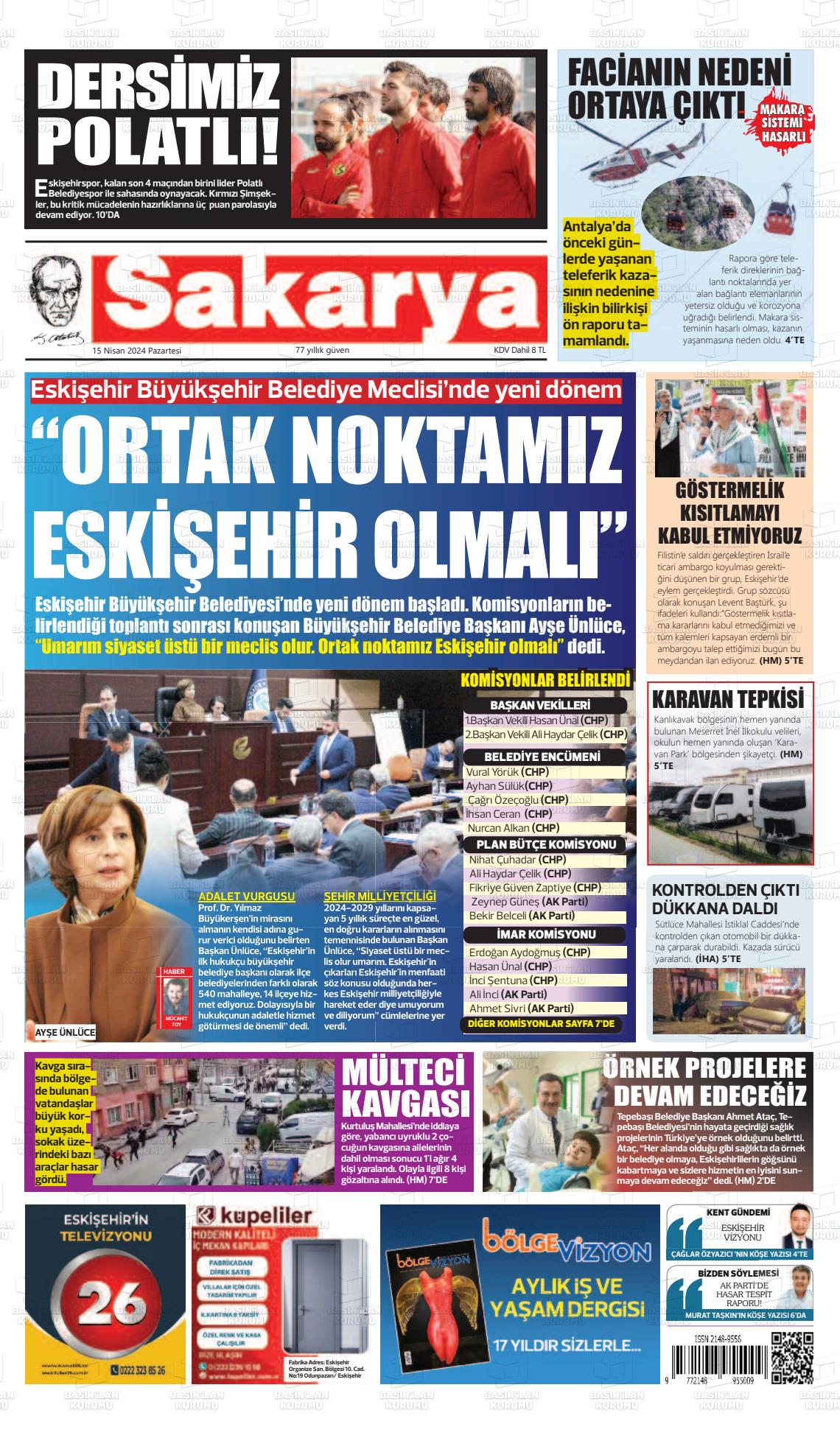 15 Nisan 2024 Sakarya Gazete Manşeti