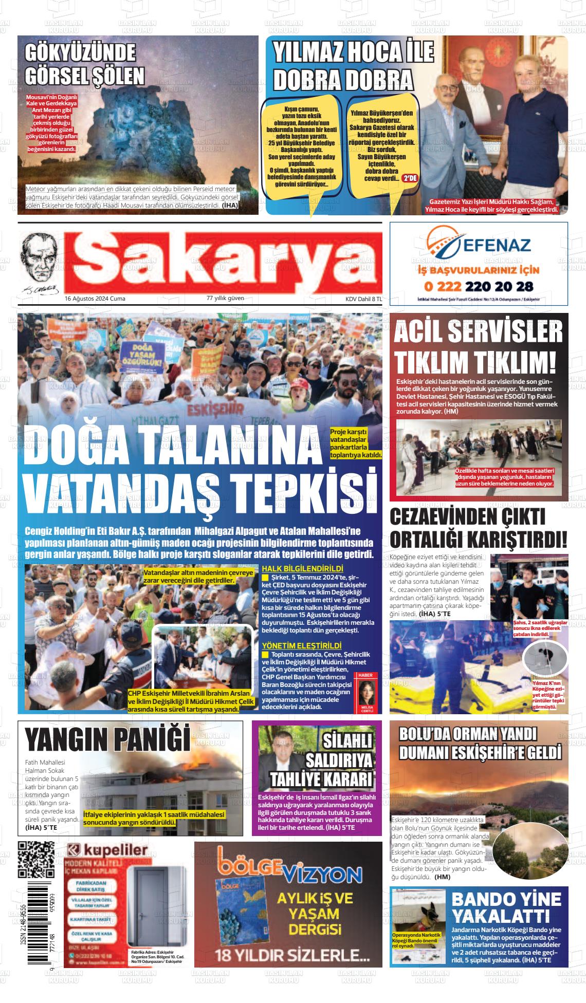 16 Ağustos 2024 Sakarya Gazete Manşeti