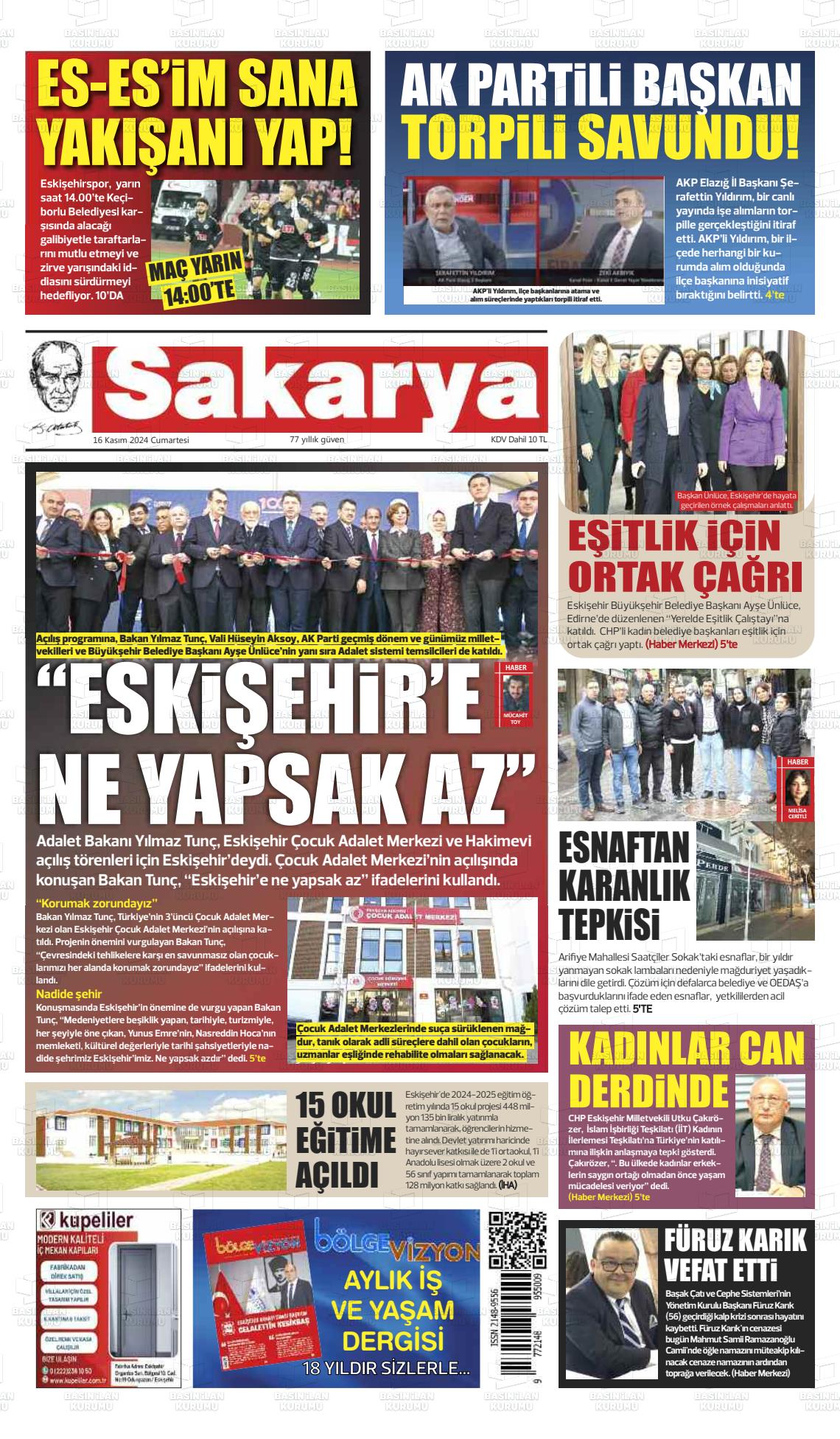 16 Kasım 2024 Sakarya Gazete Manşeti