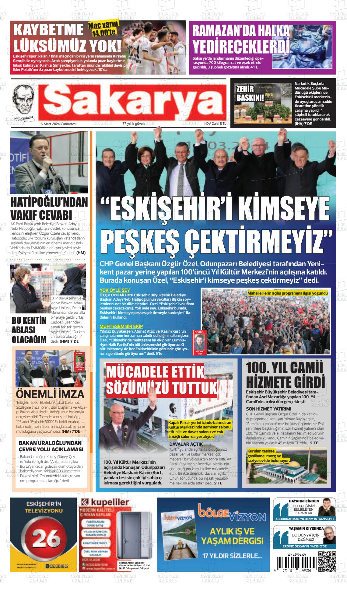 16 Mart 2024 Sakarya Gazete Manşeti