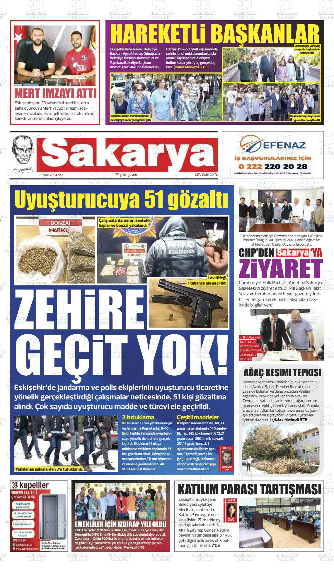 17 Eylül 2024 Sakarya Gazete Manşeti