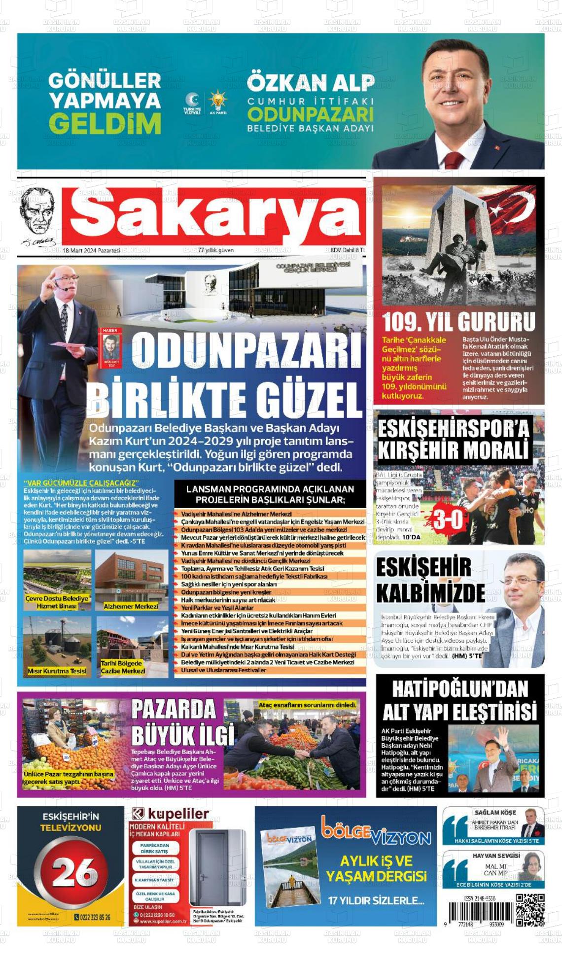 18 Mart 2024 Sakarya Gazete Manşeti