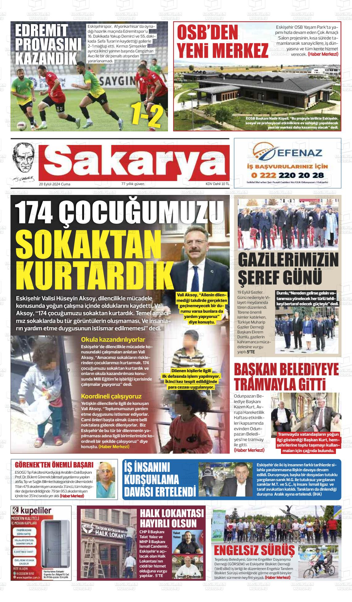 20 Eylül 2024 Sakarya Gazete Manşeti