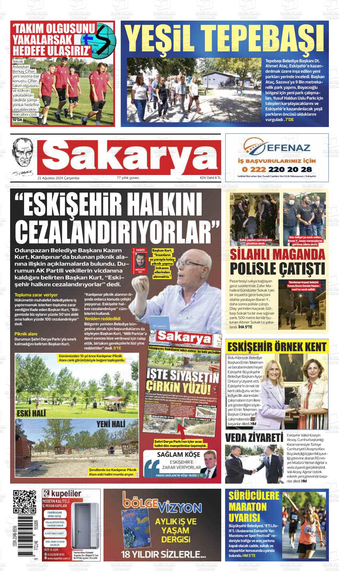 21 Ağustos 2024 Sakarya Gazete Manşeti