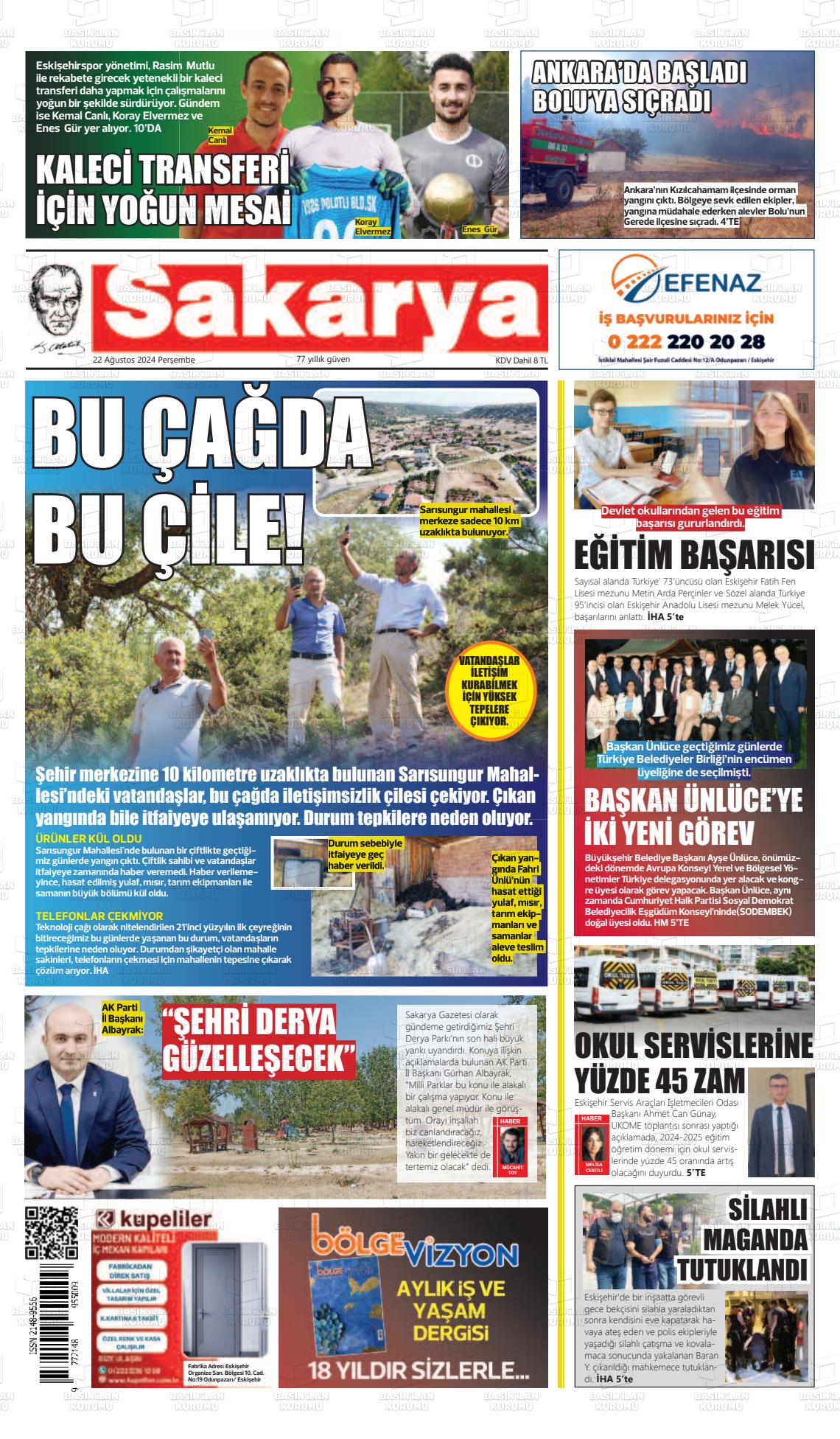 22 Ağustos 2024 Sakarya Gazete Manşeti