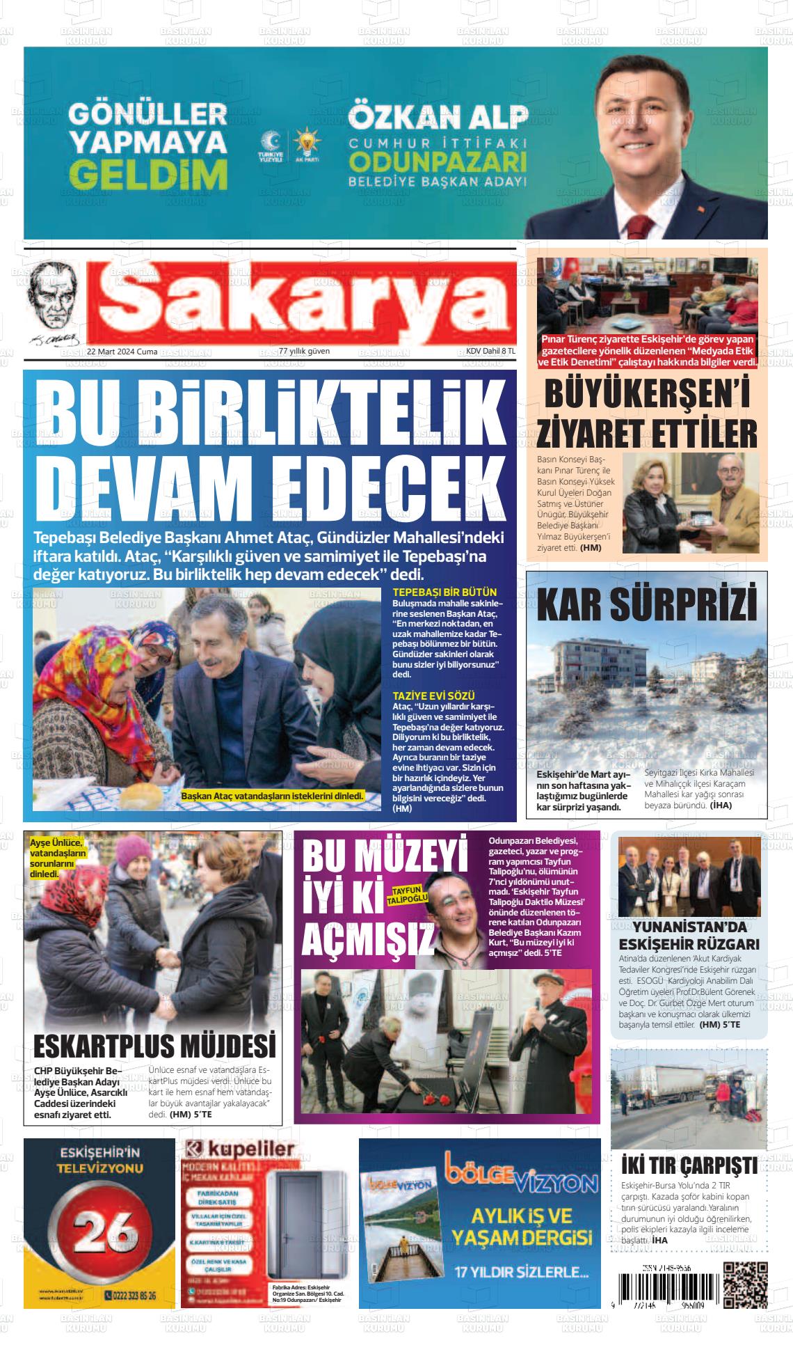 22 Mart 2024 Sakarya Gazete Manşeti