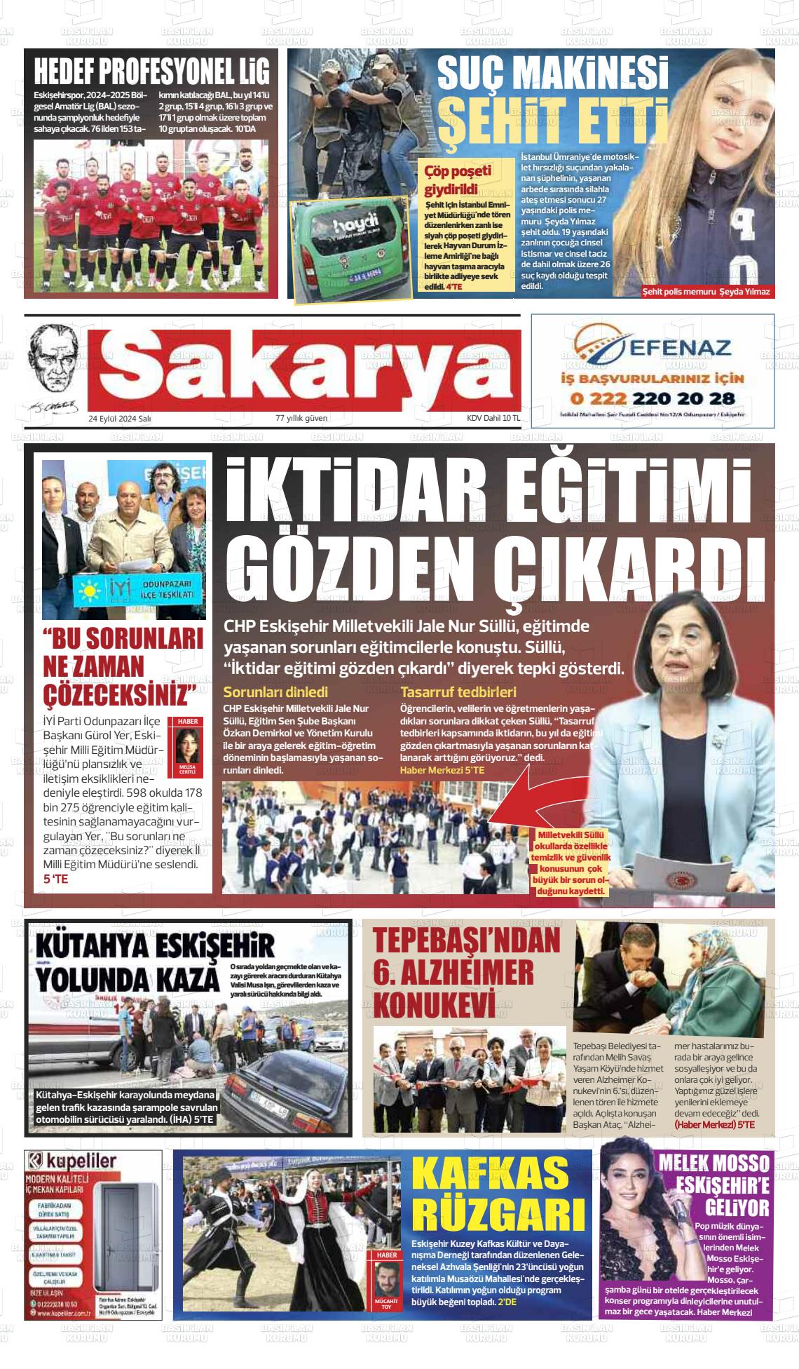 25 Eylül 2024 Sakarya Gazete Manşeti