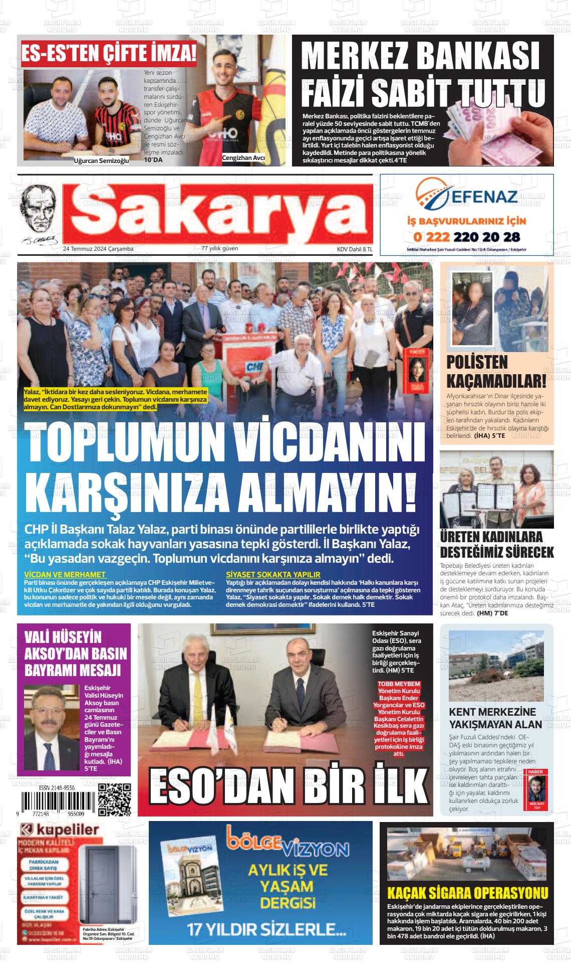 24 Temmuz 2024 Sakarya Gazete Manşeti