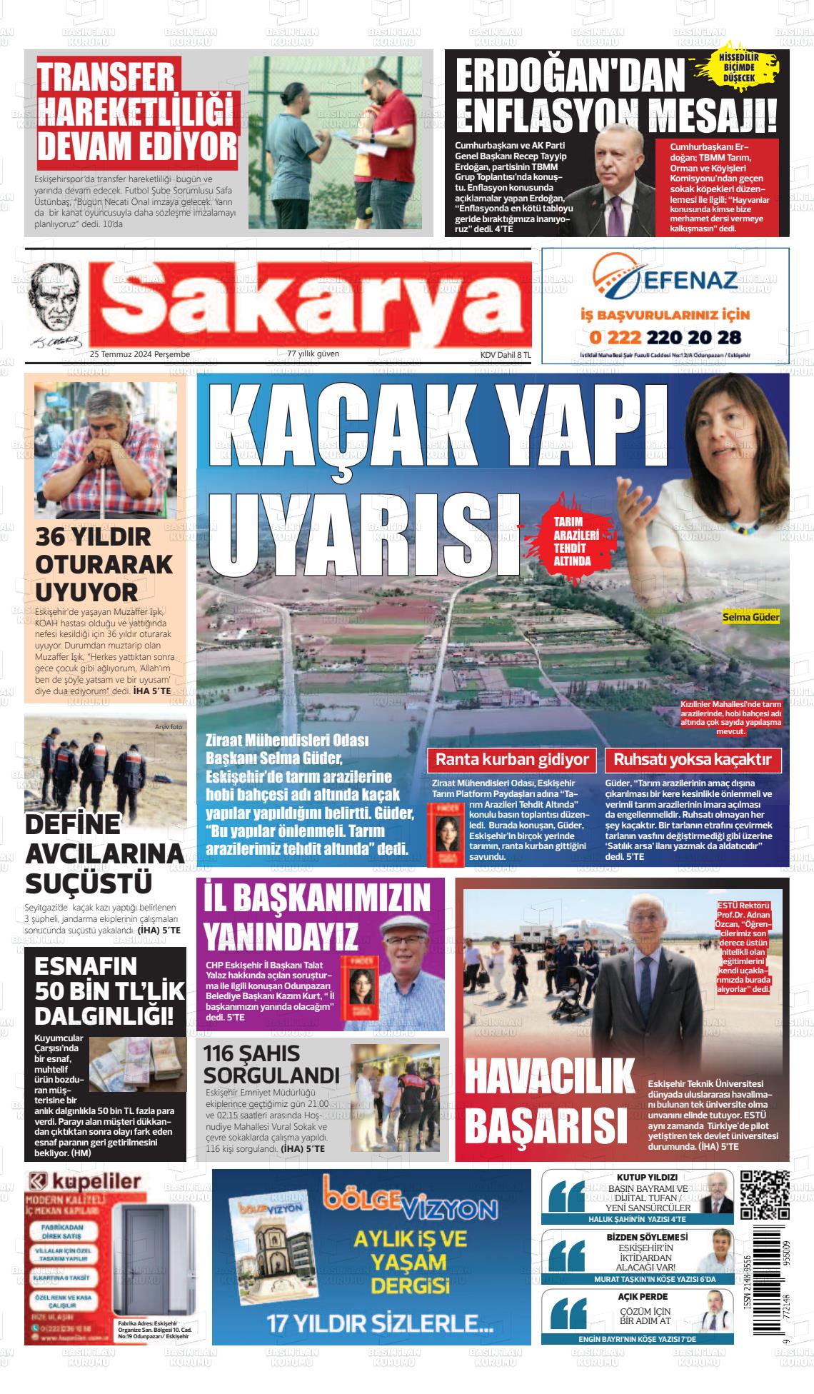 25 Temmuz 2024 Sakarya Gazete Manşeti