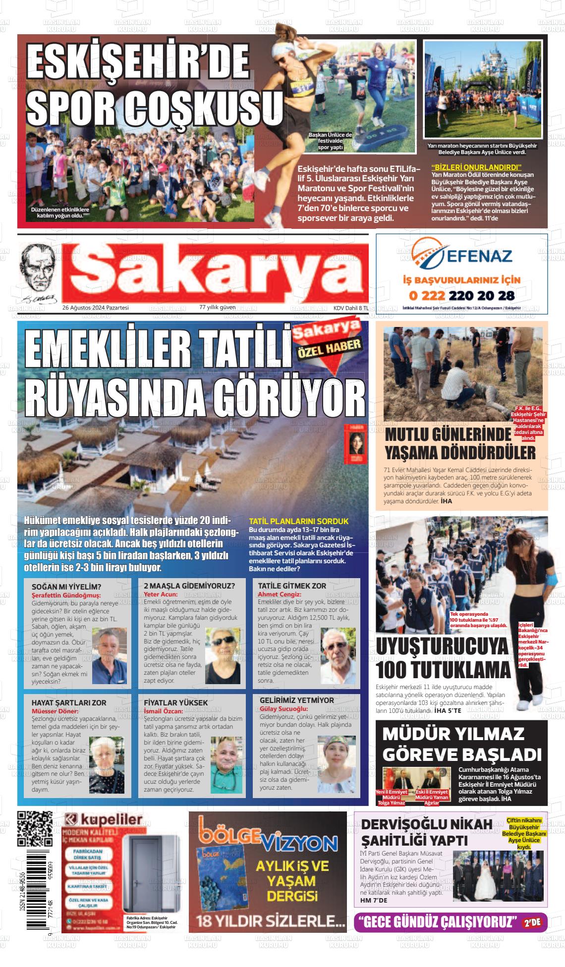 26 Ağustos 2024 Sakarya Gazete Manşeti