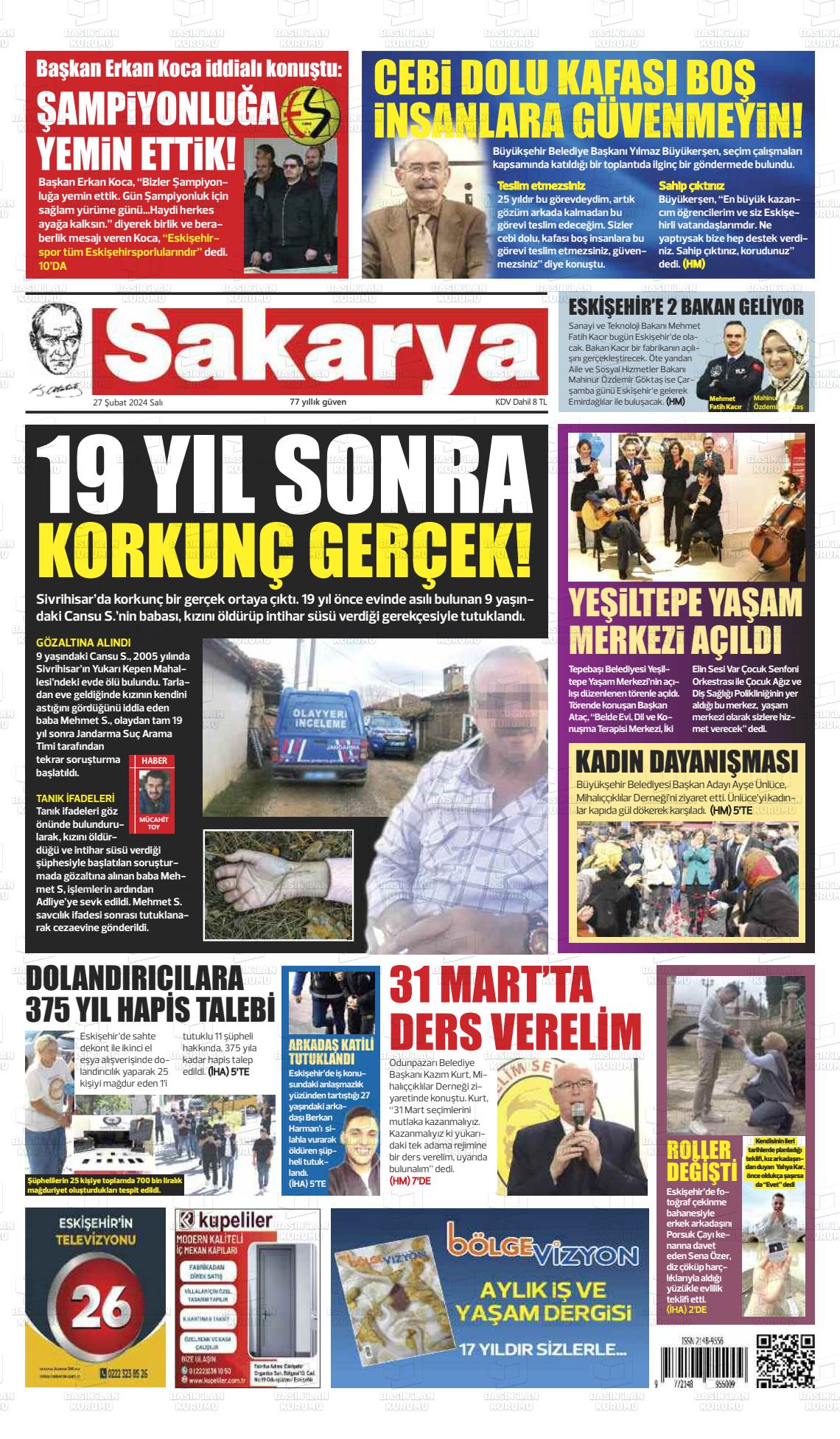 27 Şubat 2024 Sakarya Gazete Manşeti