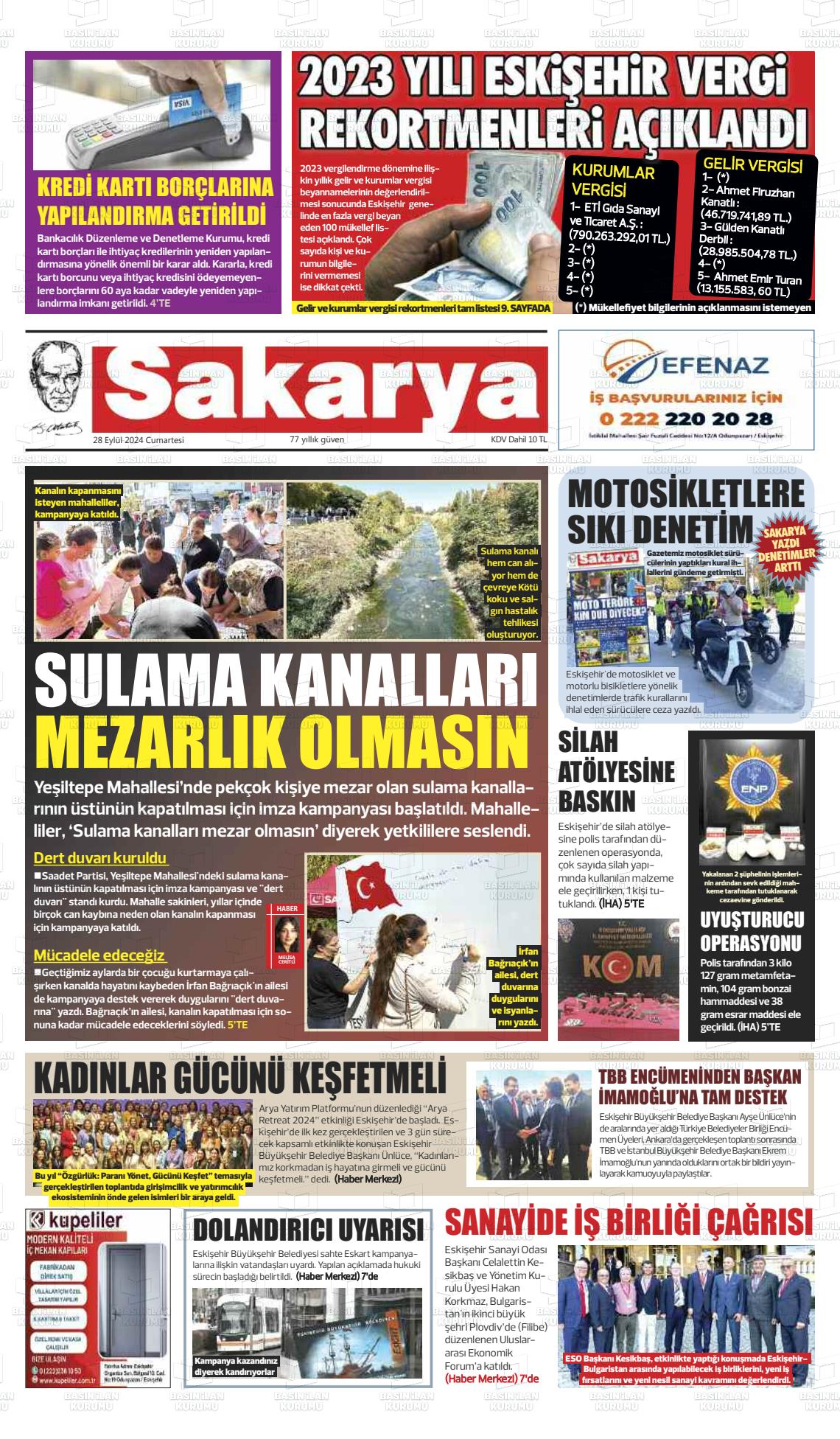 28 Eylül 2024 Sakarya Gazete Manşeti