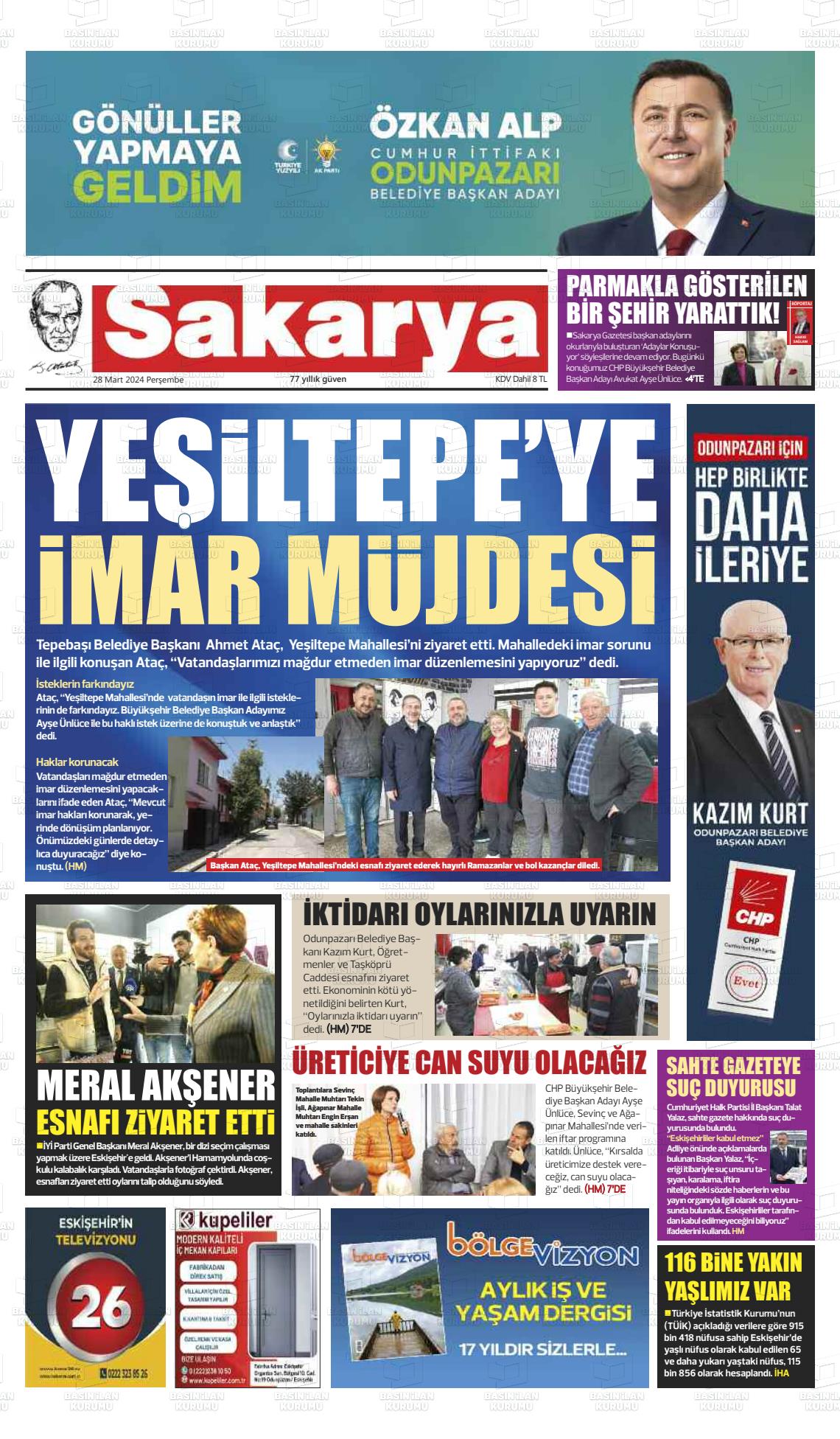 28 Mart 2024 Sakarya Gazete Manşeti