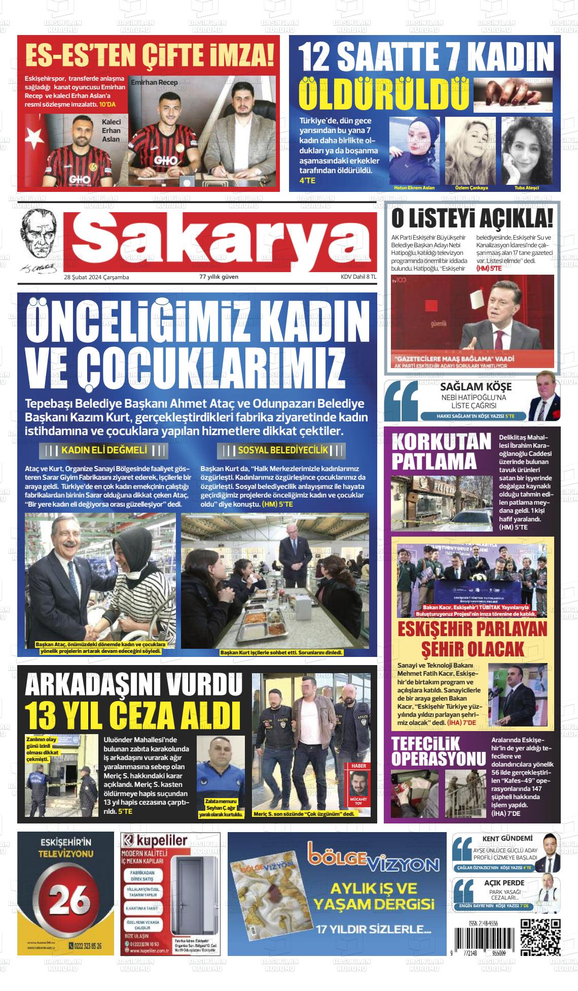 28 Şubat 2024 Sakarya Gazete Manşeti