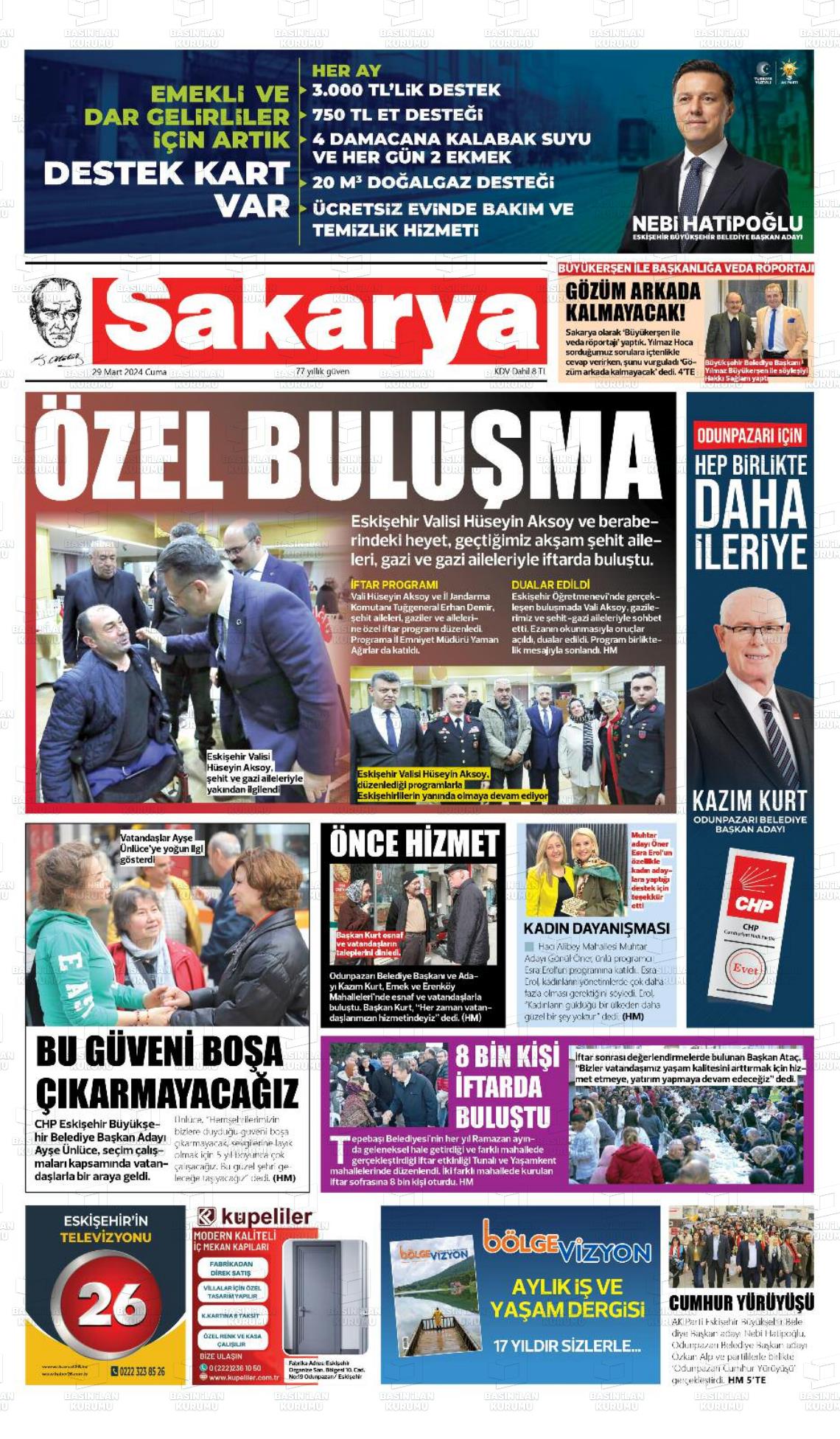 29 Mart 2024 Sakarya Gazete Manşeti