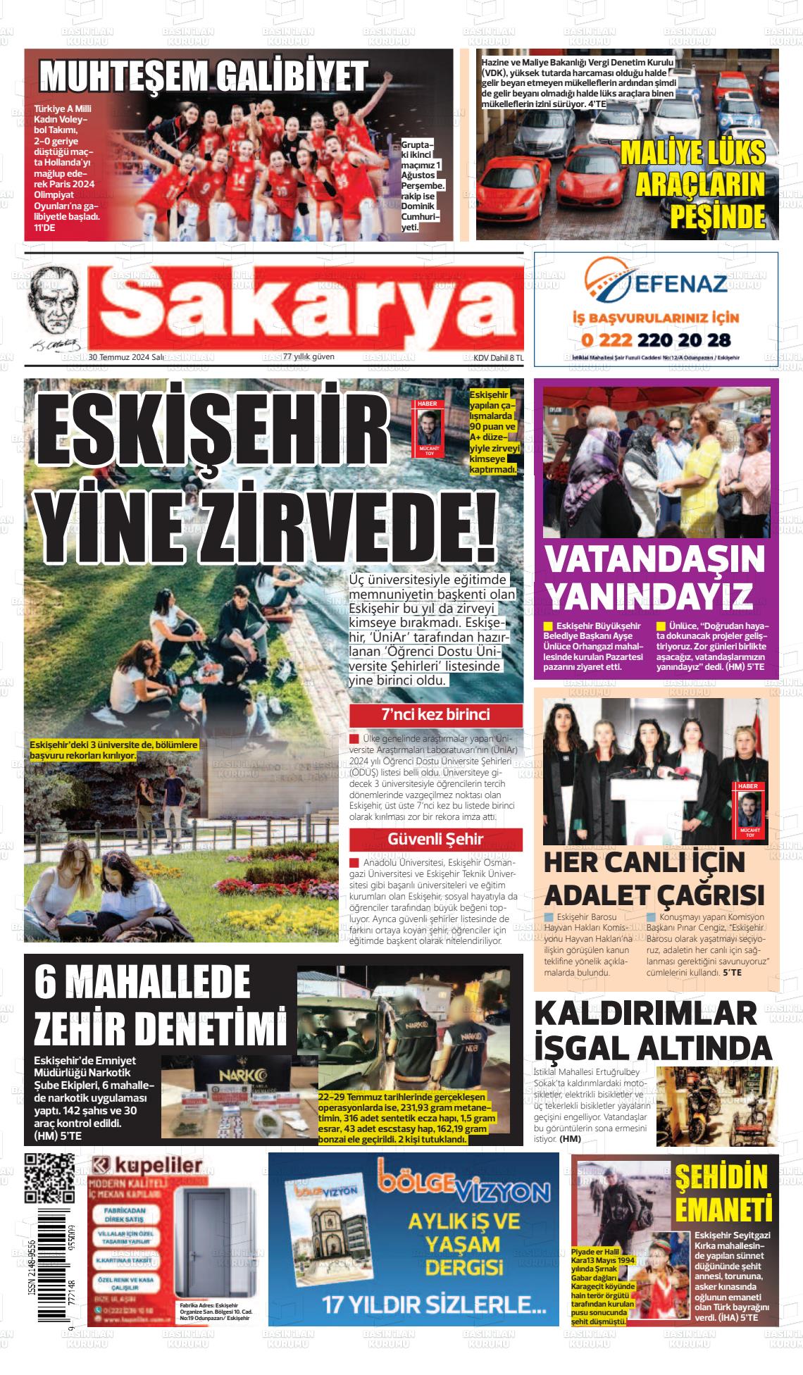 30 Temmuz 2024 Sakarya Gazete Manşeti