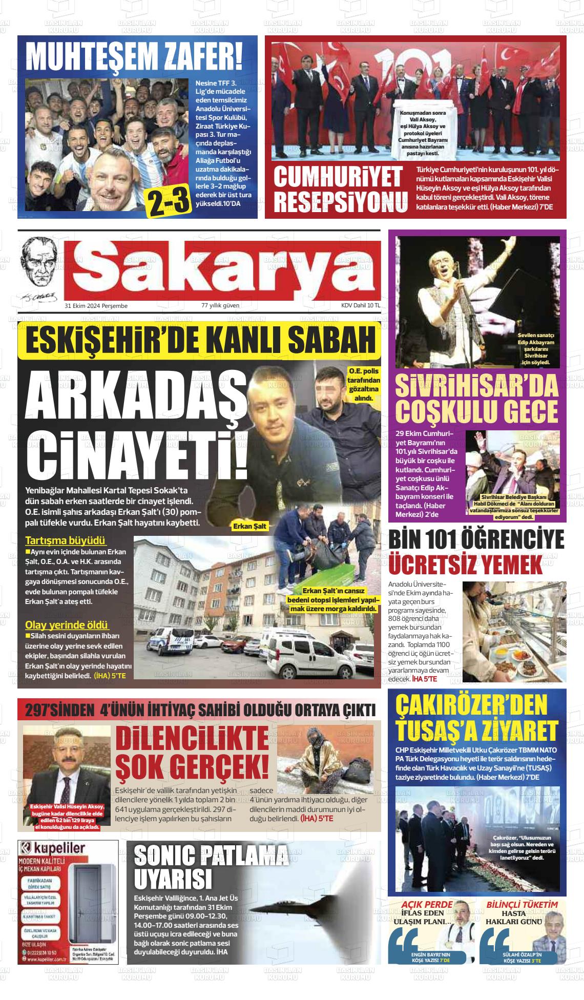 31 Ekim 2024 Sakarya Gazete Manşeti