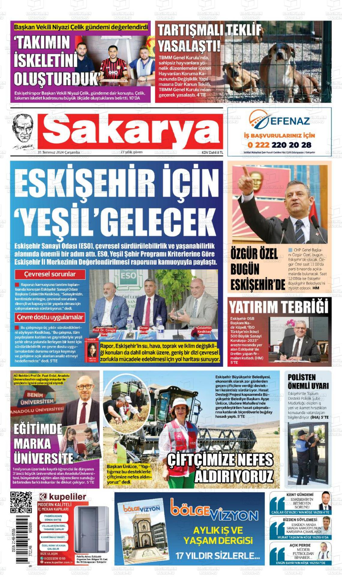 31 Temmuz 2024 Sakarya Gazete Manşeti