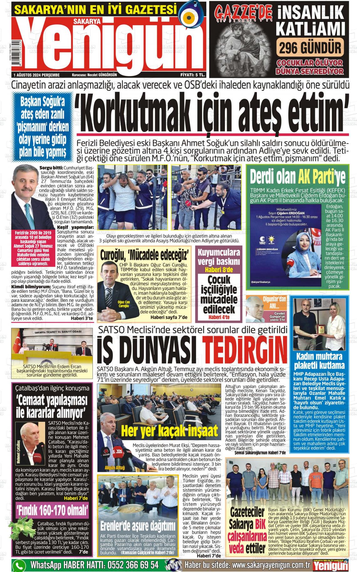 01 Ağustos 2024 Sakarya Yenigün Gazete Manşeti