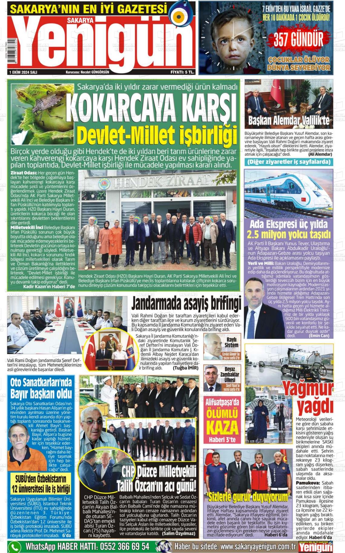 01 Ekim 2024 Sakarya Yenigün Gazete Manşeti