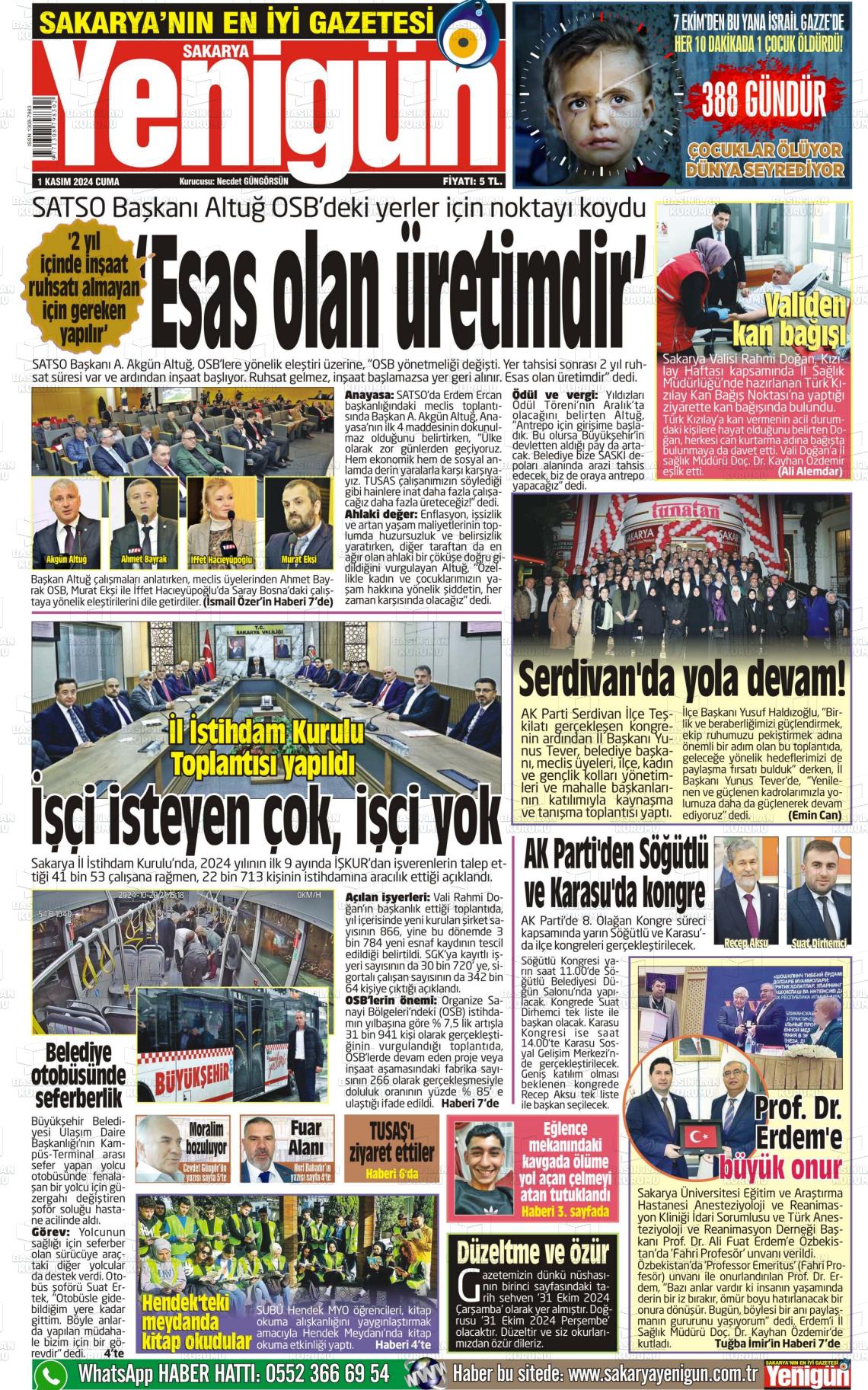 01 Kasım 2024 Sakarya Yenigün Gazete Manşeti