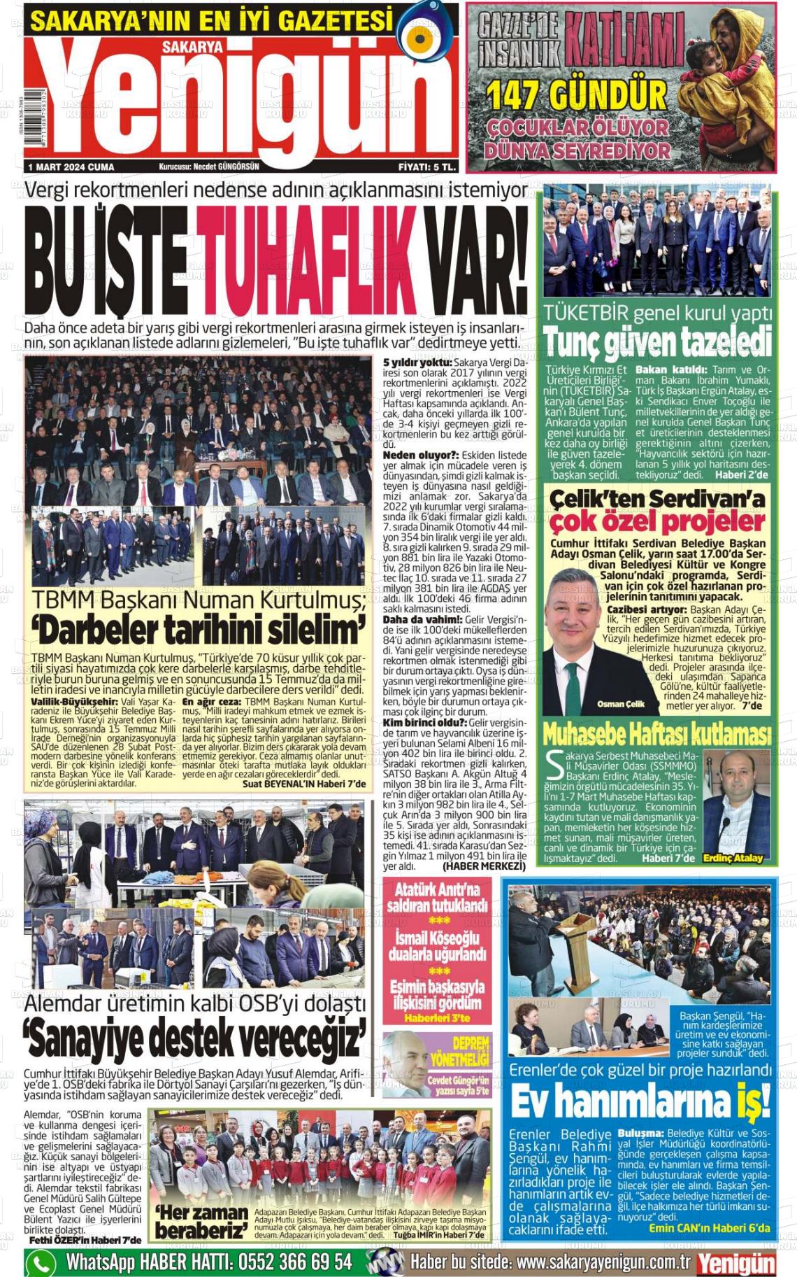 01 Mart 2024 Sakarya Yenigün Gazete Manşeti