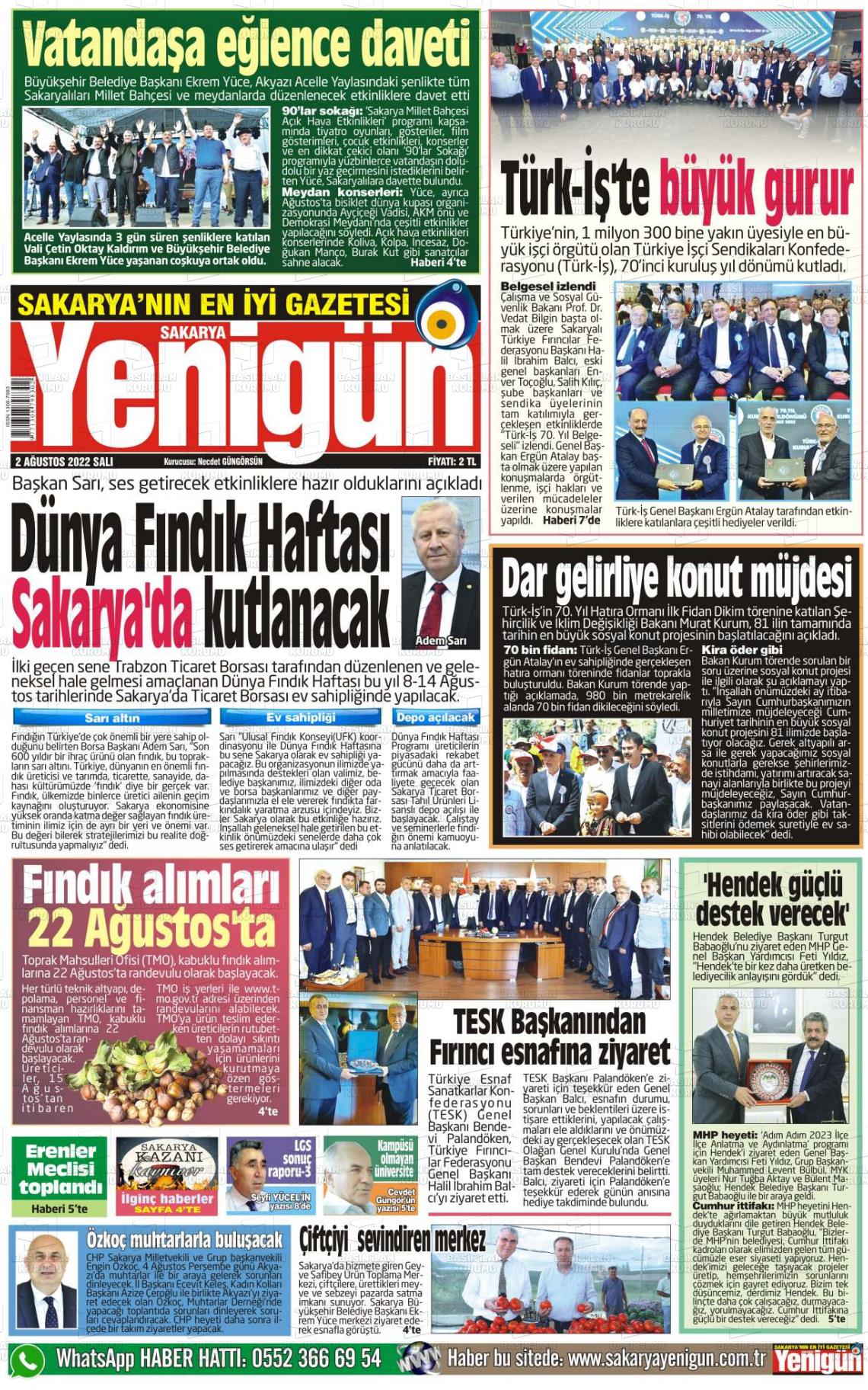 30 Eylül 2022 Sakarya Yenigün Gazete Manşeti