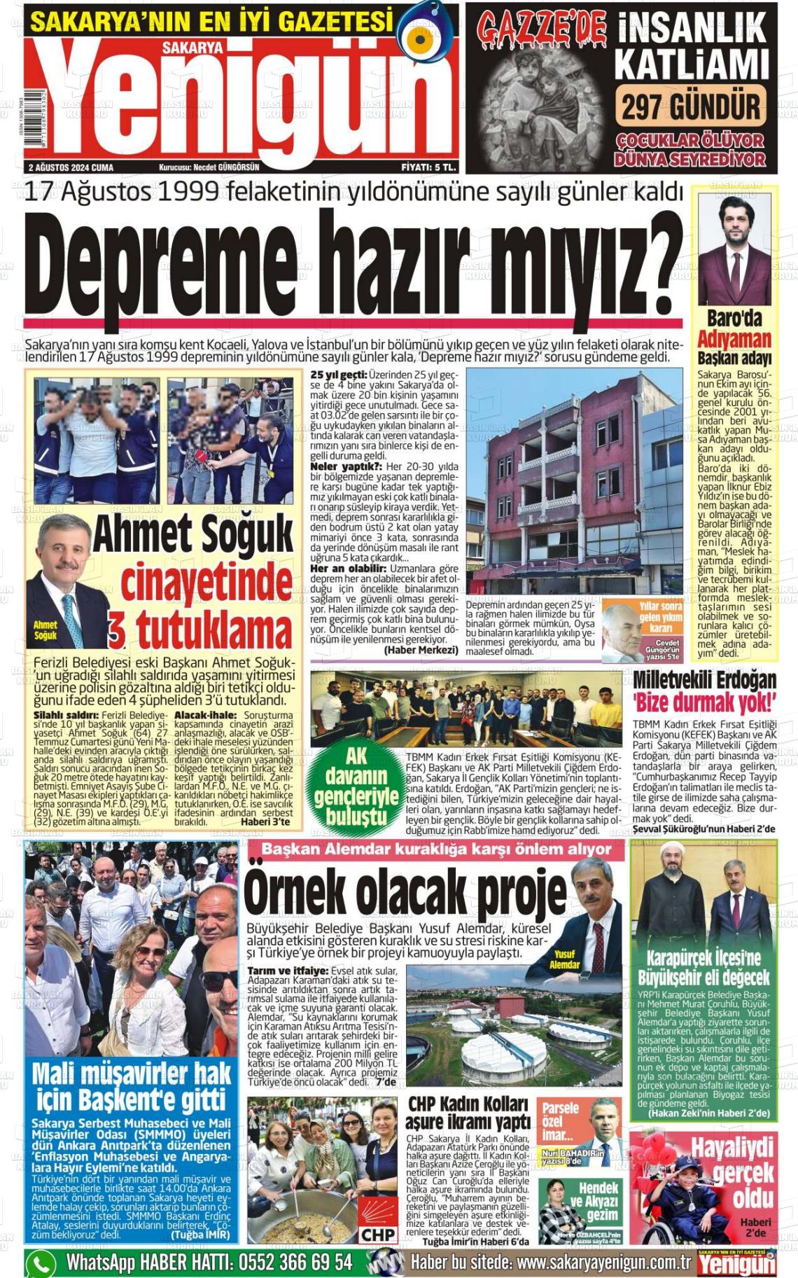 02 Ağustos 2024 Sakarya Yenigün Gazete Manşeti