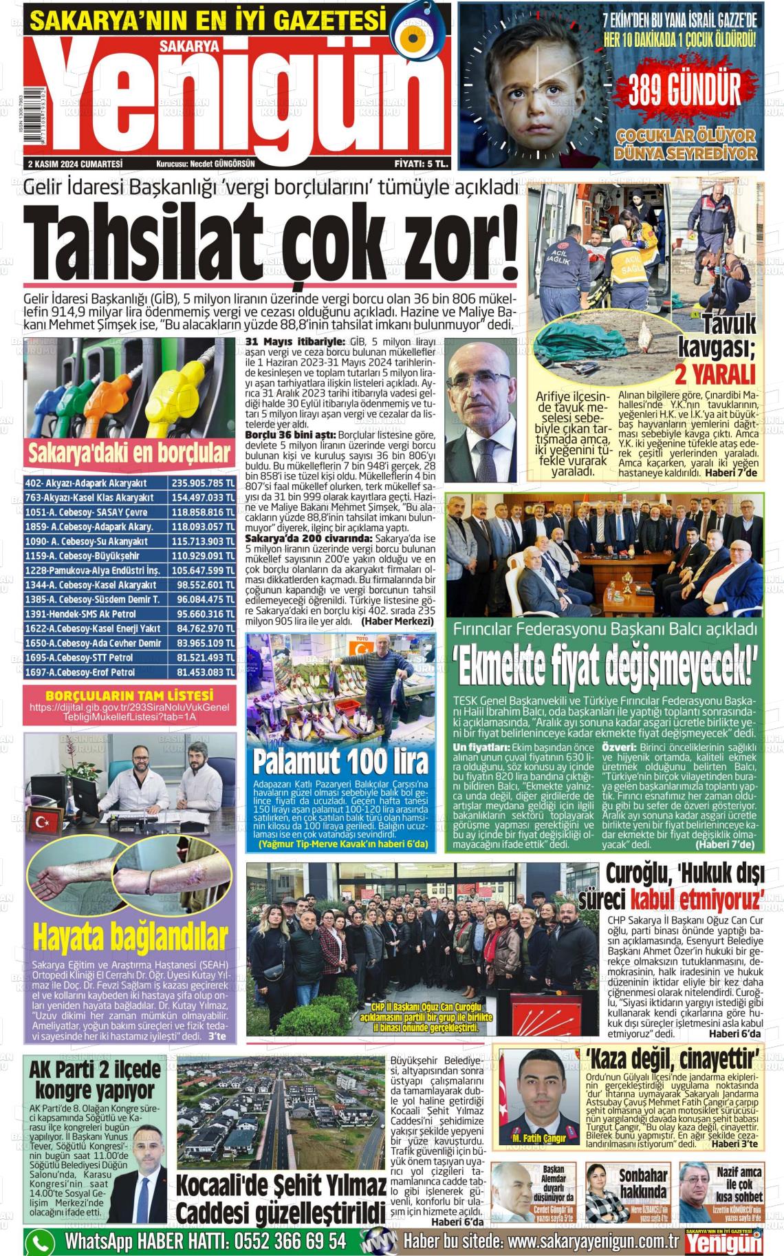 02 Kasım 2024 Sakarya Yenigün Gazete Manşeti