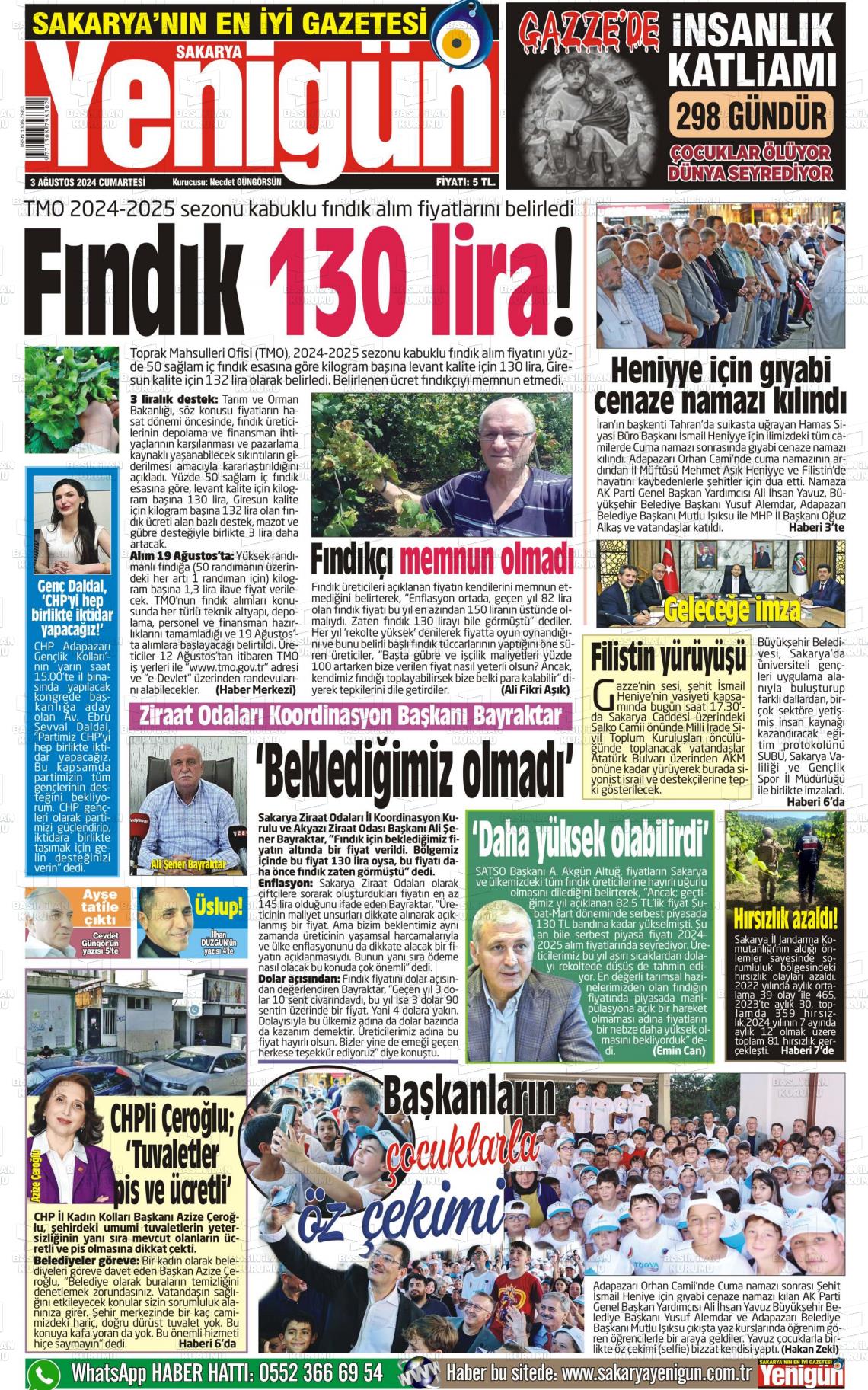 03 Ağustos 2024 Sakarya Yenigün Gazete Manşeti