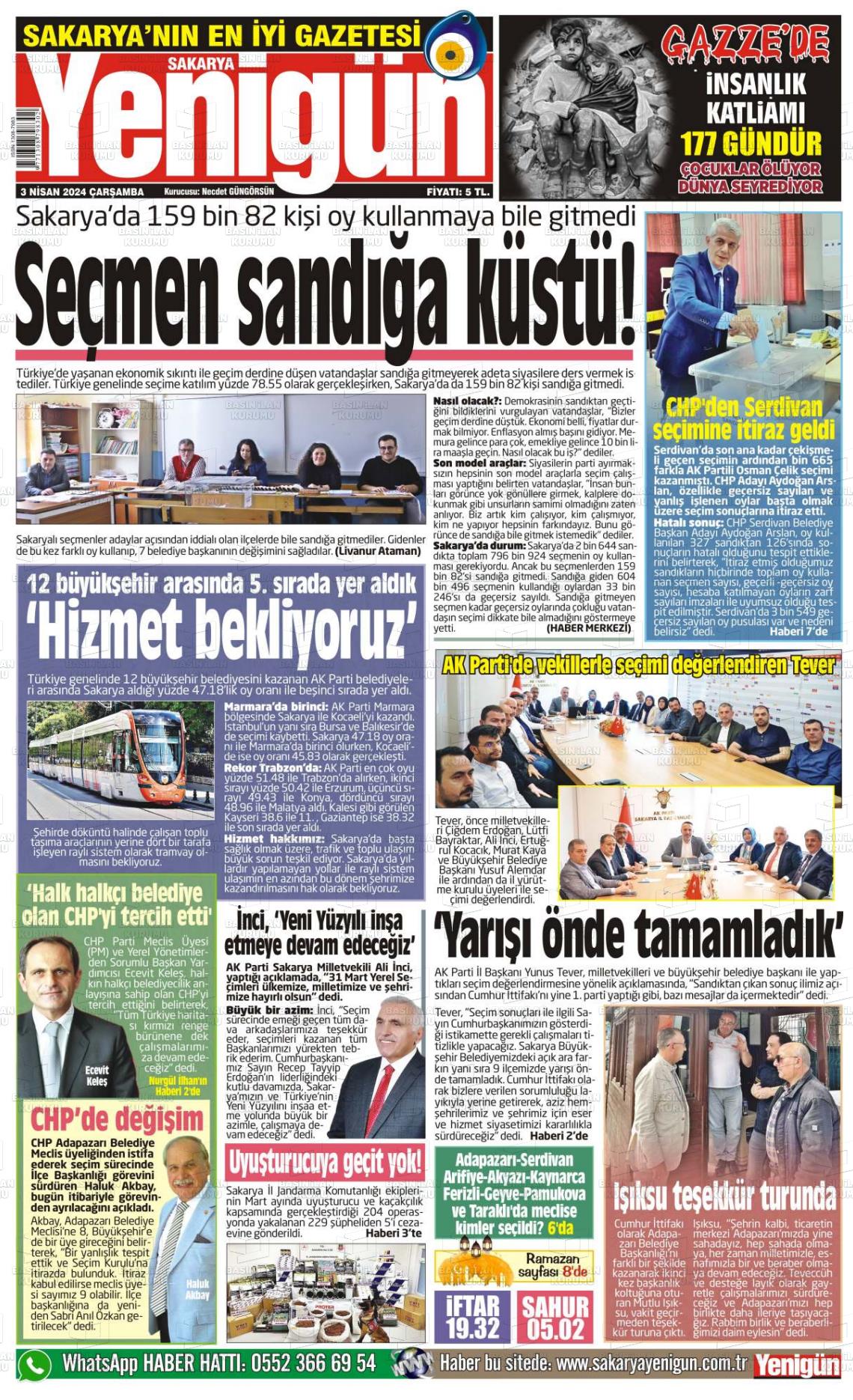 03 Nisan 2024 Sakarya Yenigün Gazete Manşeti