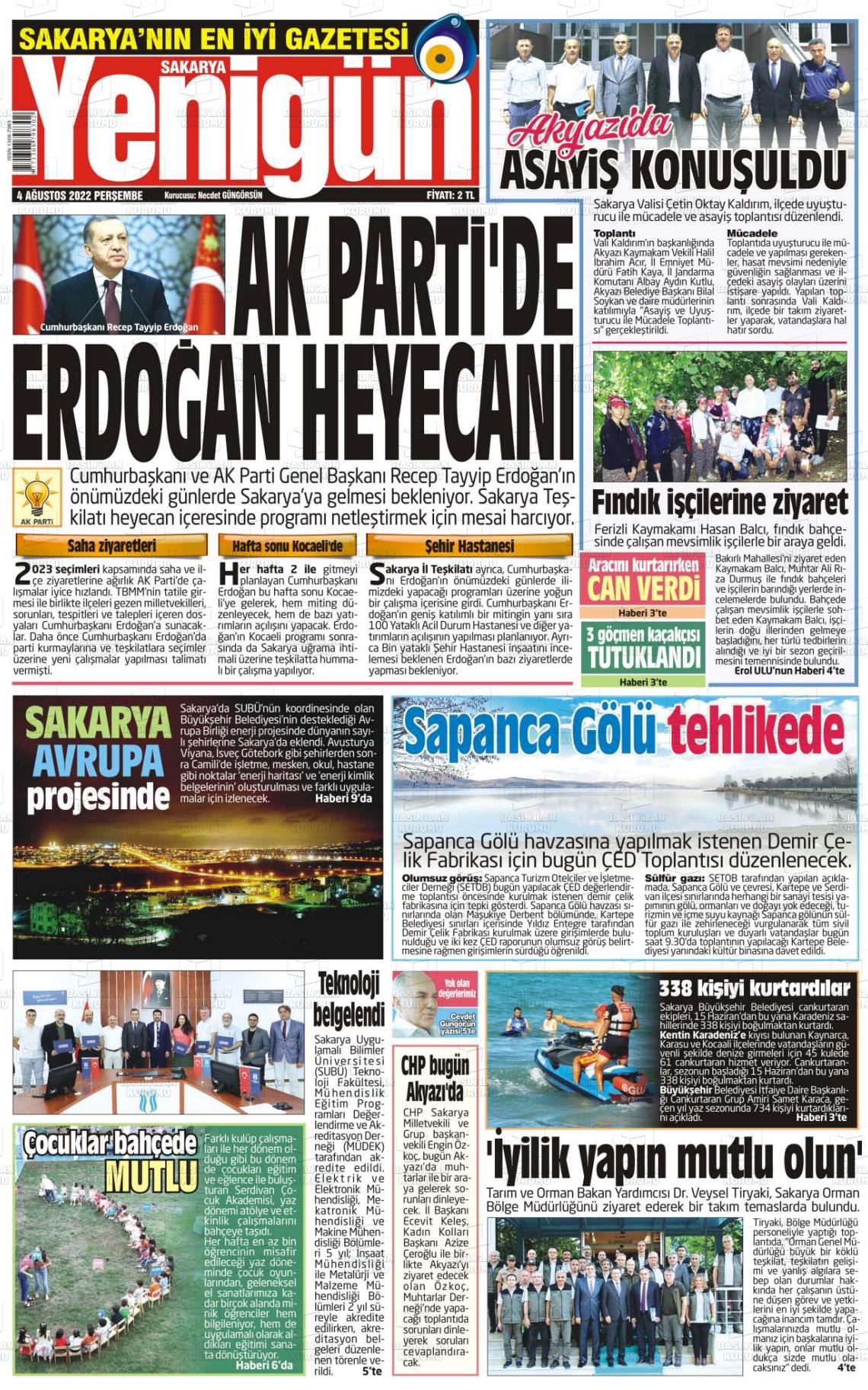 04 Ağustos 2022 Sakarya Yenigün Gazete Manşeti