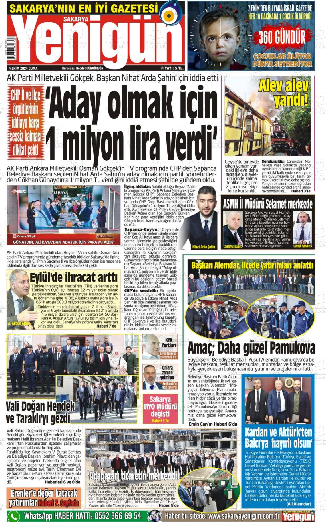 04 Ekim 2024 Sakarya Yenigün Gazete Manşeti