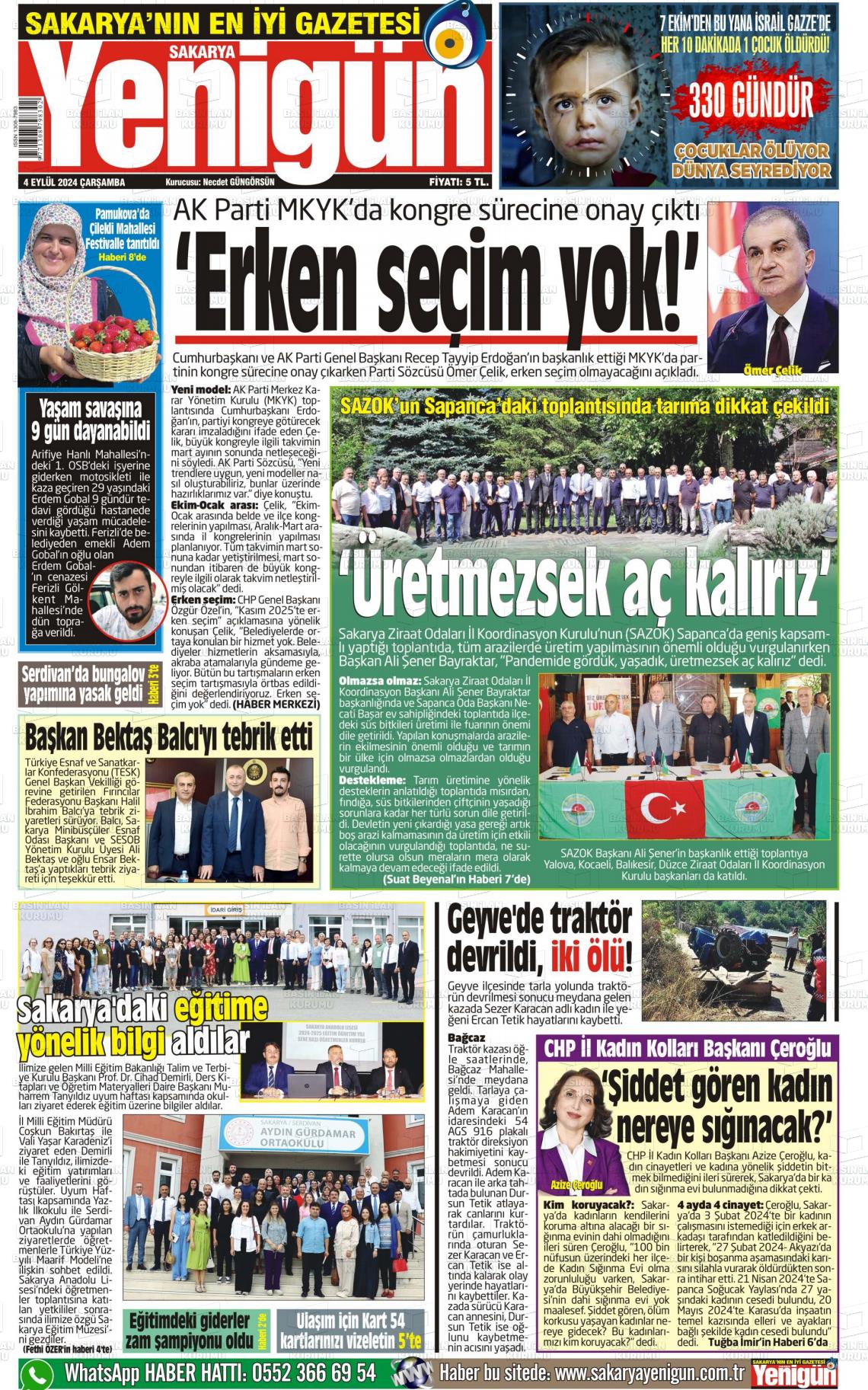 04 Eylül 2024 Sakarya Yenigün Gazete Manşeti