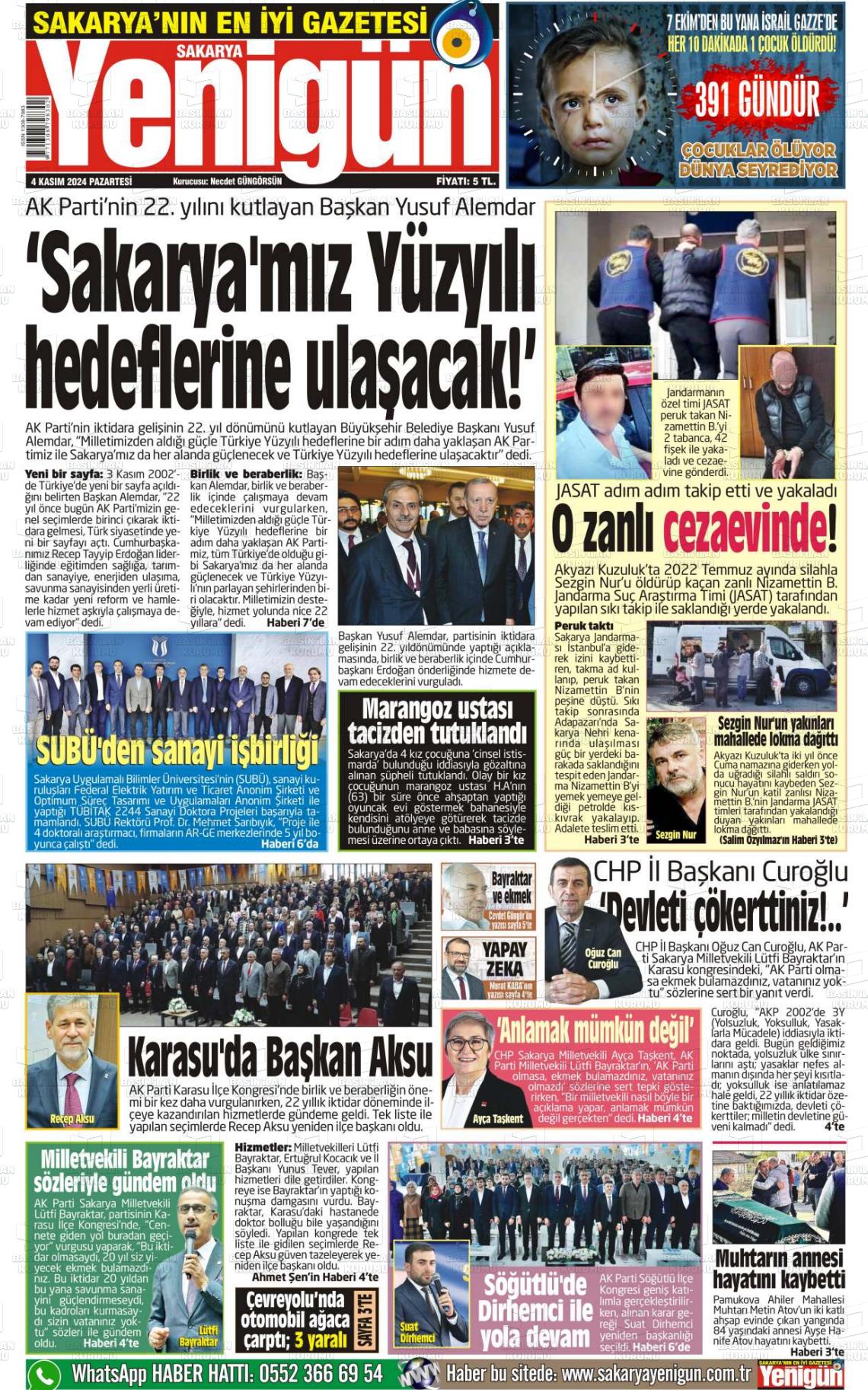 04 Kasım 2024 Sakarya Yenigün Gazete Manşeti