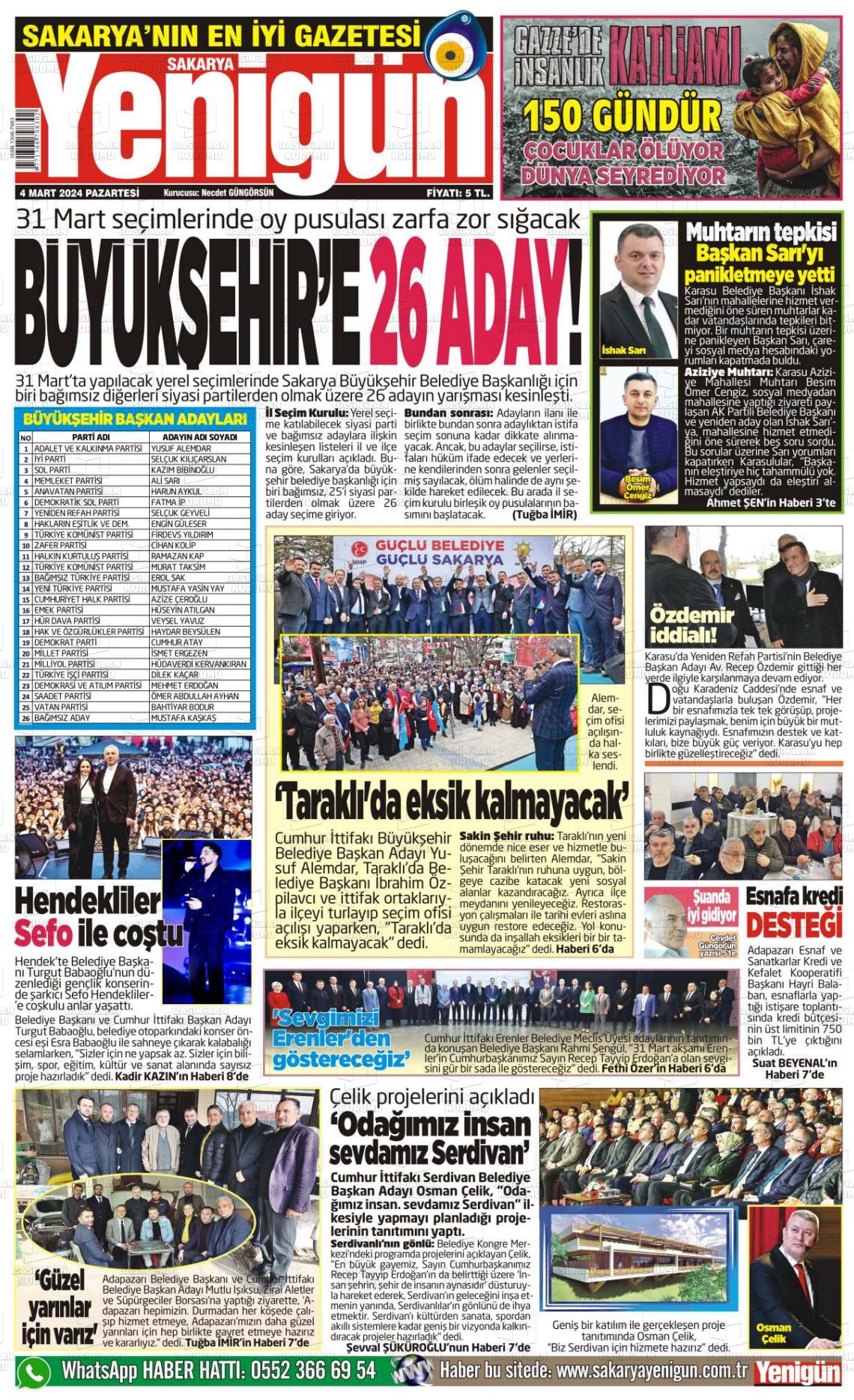 04 Mart 2024 Sakarya Yenigün Gazete Manşeti