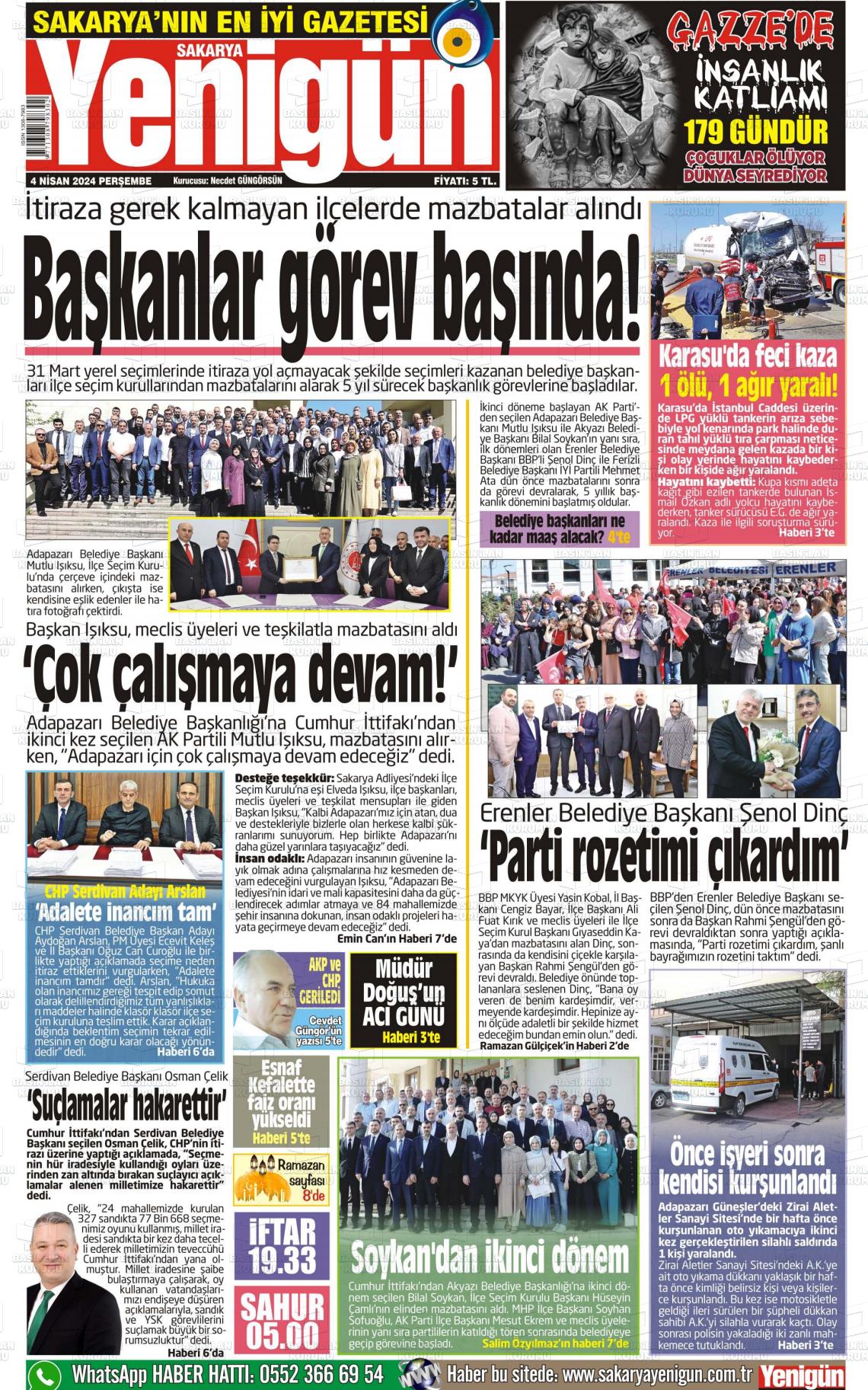 04 Nisan 2024 Sakarya Yenigün Gazete Manşeti